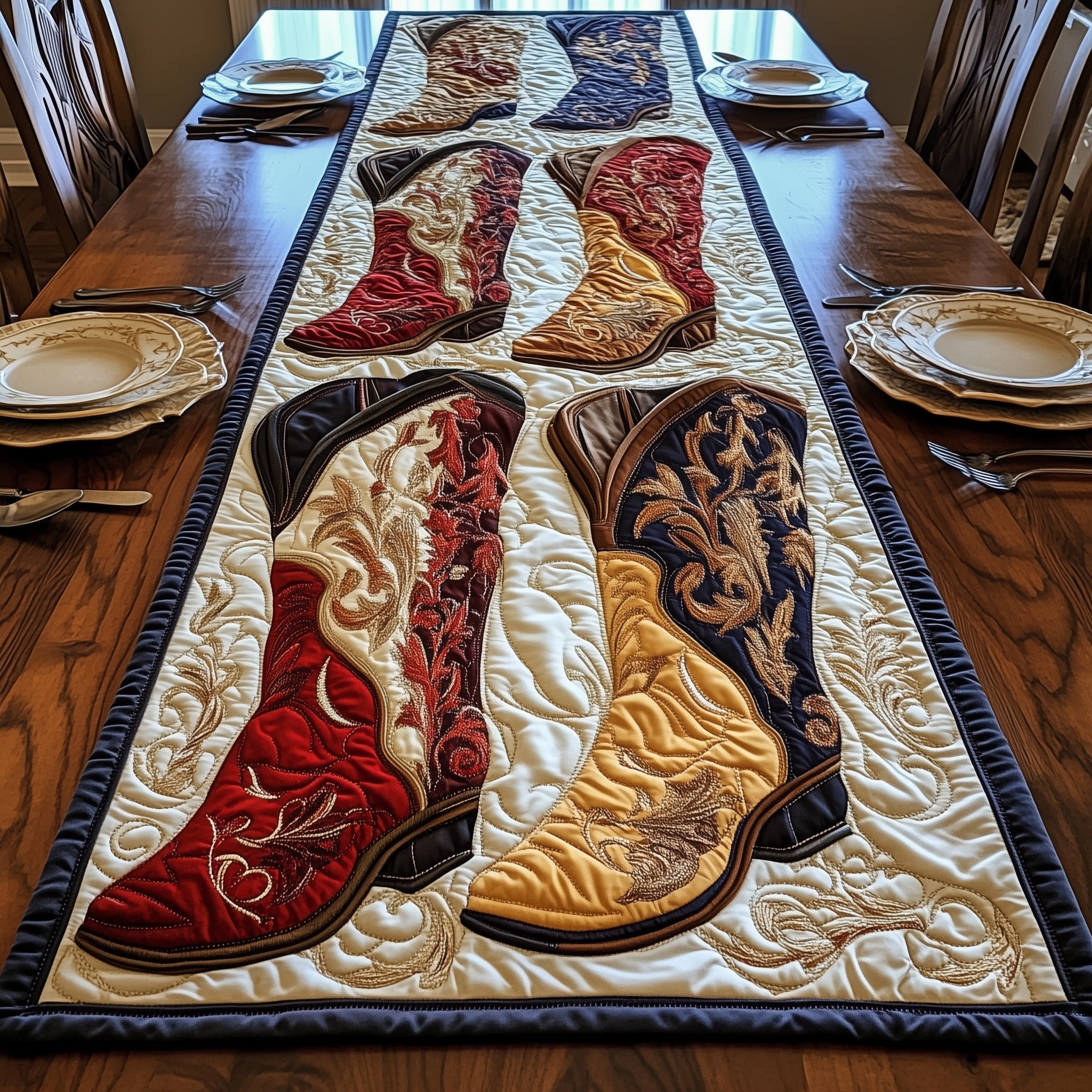 Rustic Boots Quilted Table Runner Xmas Table Runner for Family Gatherings