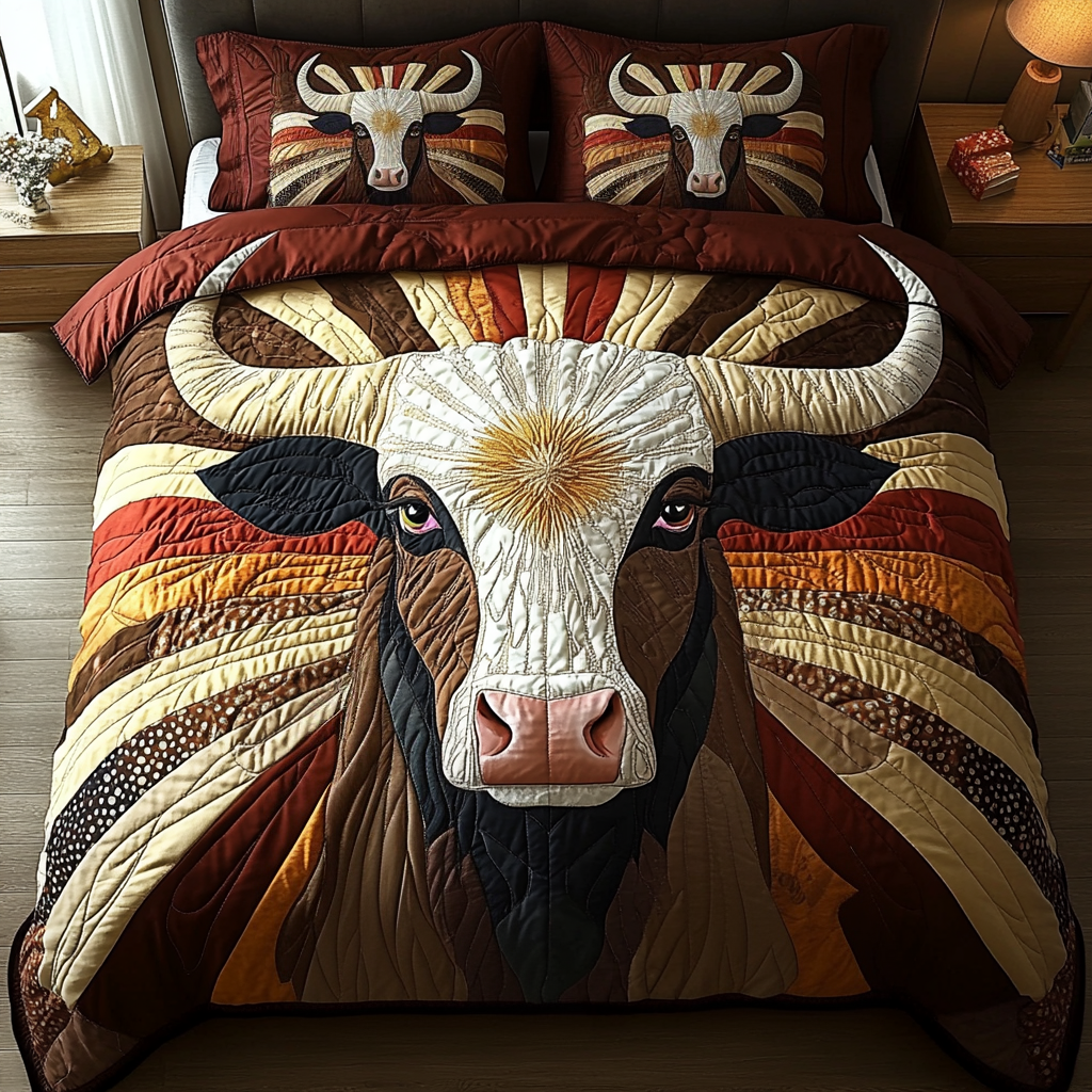 Rustic Bull Quilted Bedding Set Bed Decor Presents For Cow Lovers