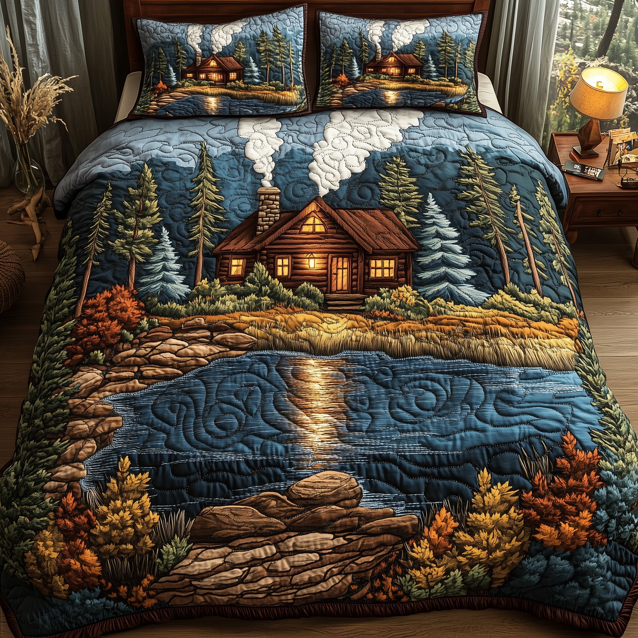 Rustic Cabin Quilted Bedding Set Duvet Cover Bed Sheet Christmas Family Basket