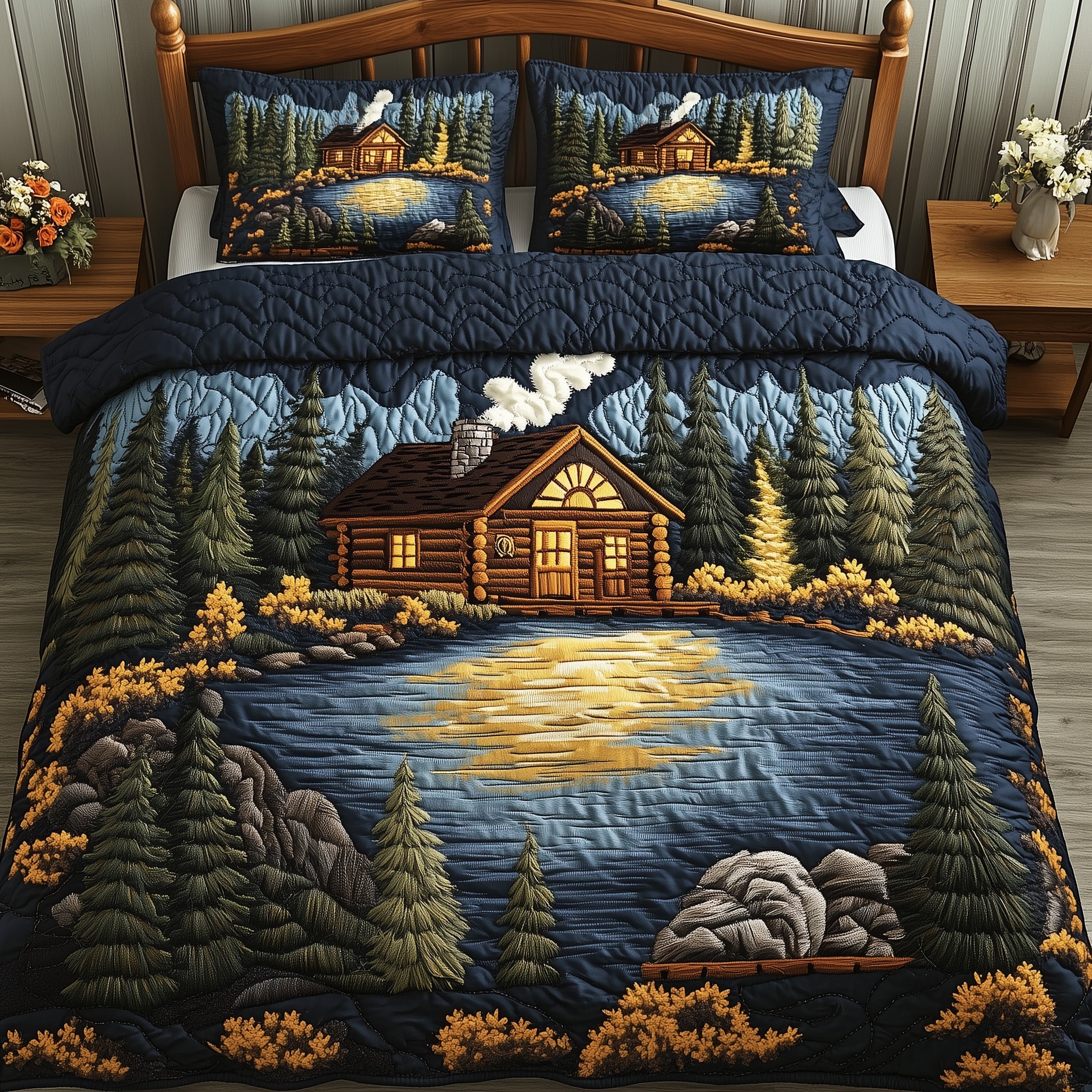 Rustic Cabin Quilted Bedding Set Duvet Cover Bed Sheet Xmas Gift For Whole Family
