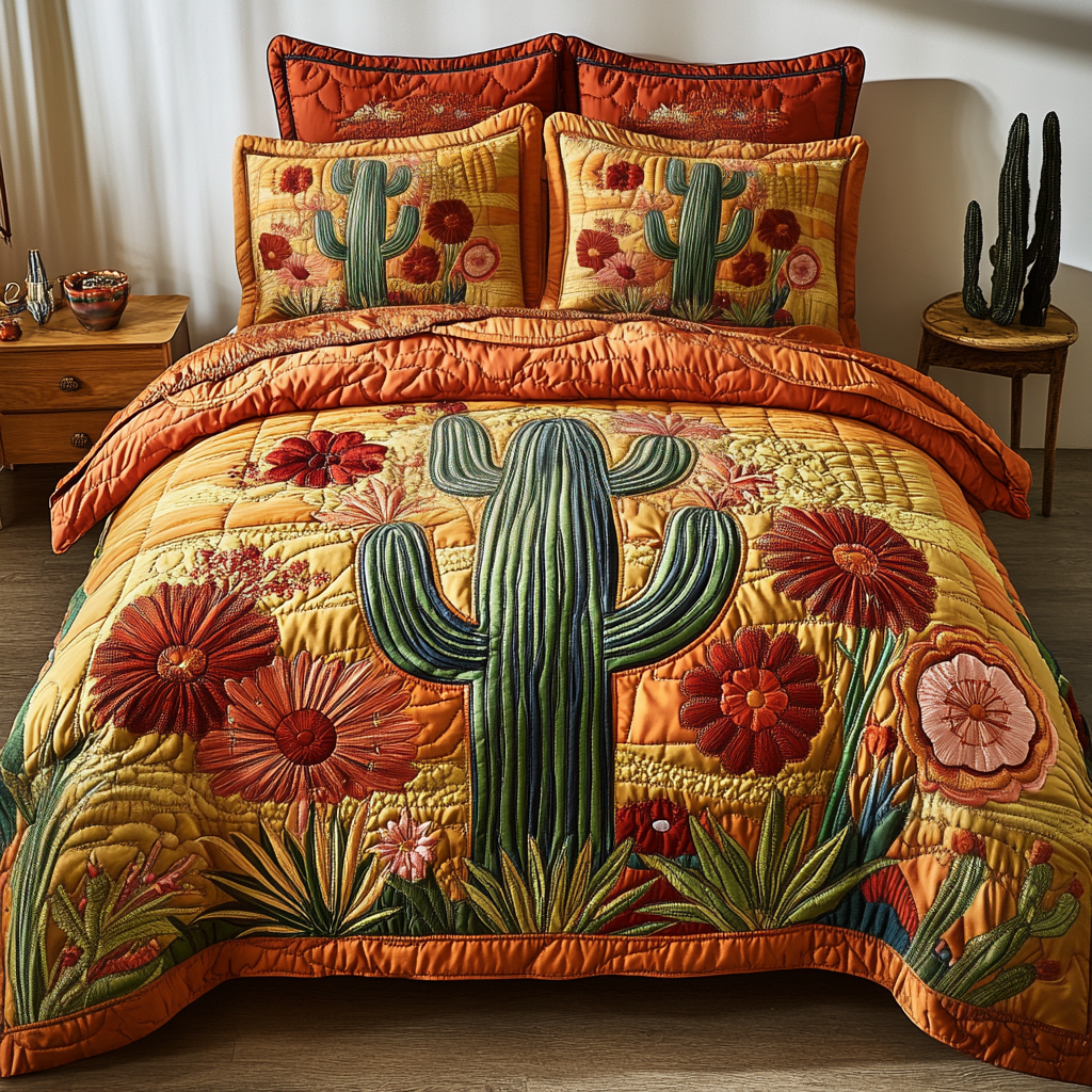 Rustic Cactus Quilted Bedding Set Christmas Bedding Duvet Cover Cactus Gifts For Him