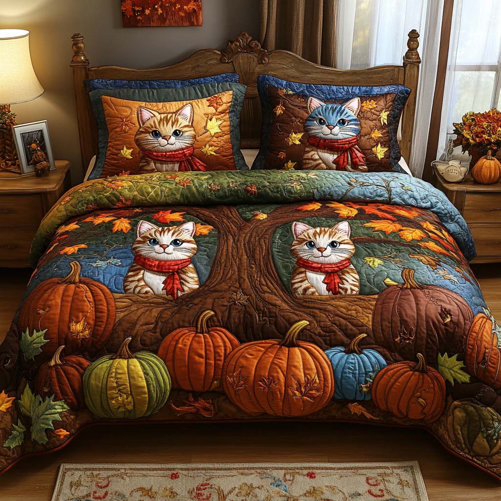 Rustic Cat Bliss Quilted Bedding Set Holiday Duvet Cover Set Great Cat Gifts