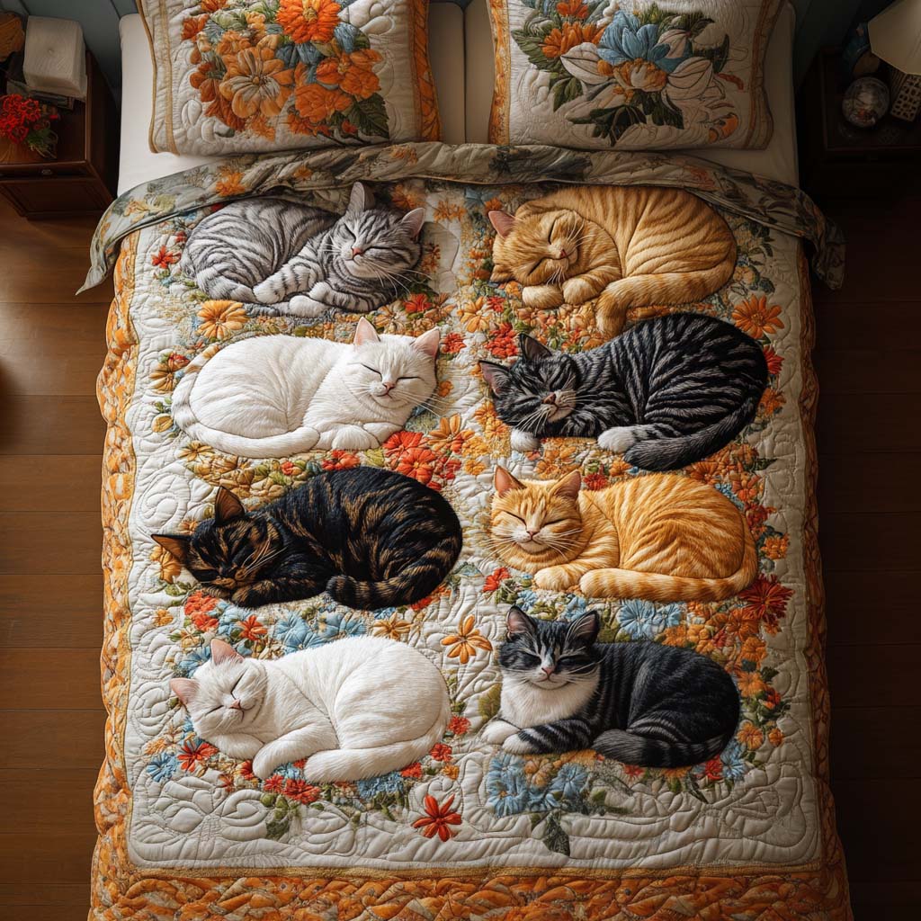 Rustic Cat Garden Quilted Bedding Set Aesthetic Room Decor Gift Idea For Cat Owner