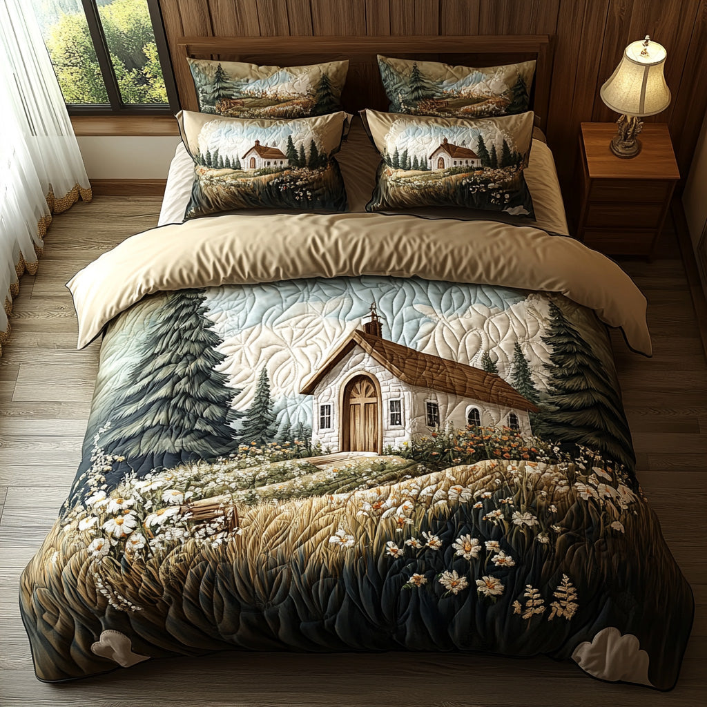 Rustic Chapel Quilted Bedding Set Cute Room Decor Christian Gifts For Easter