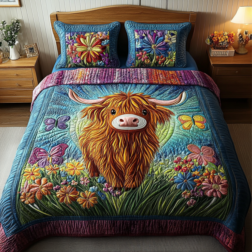 Rustic Cow Quilted Bedding Set Cool Bedroom Decor Highland Cow Gifts For Men