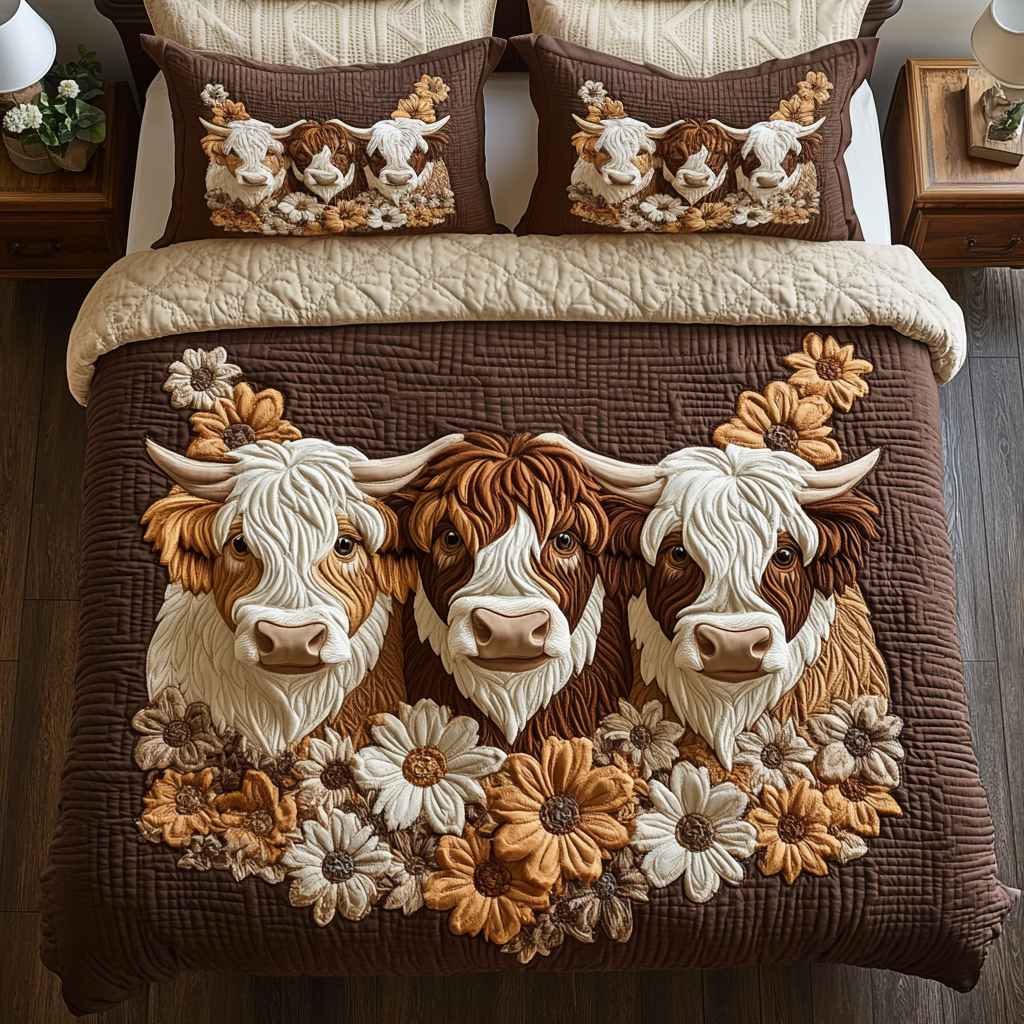 Rustic Cow Quilted Bedding Set Unique Bed Sheet Set Highland Cow Gifts For Her