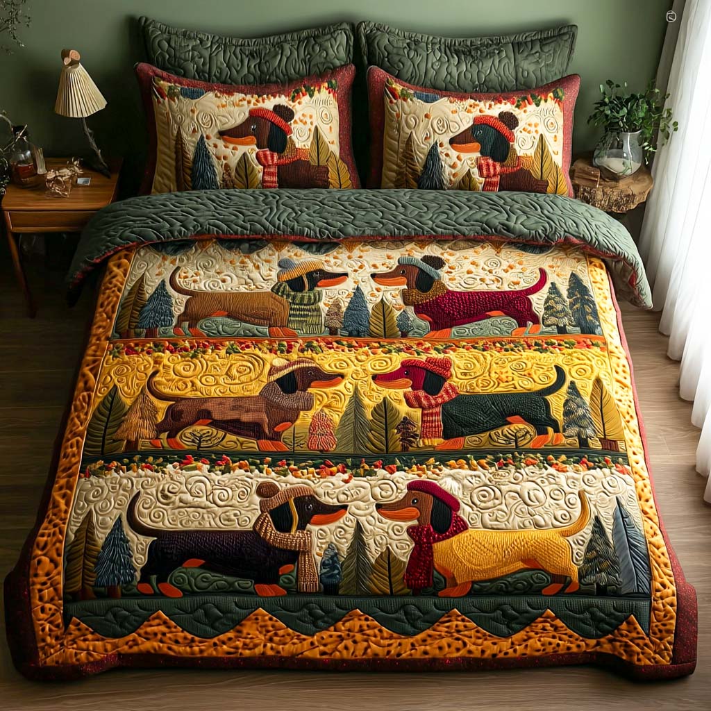 Rustic Dachshund Quilted Bedding Set Autumn Sheet Set Dachshund Dad Gifts