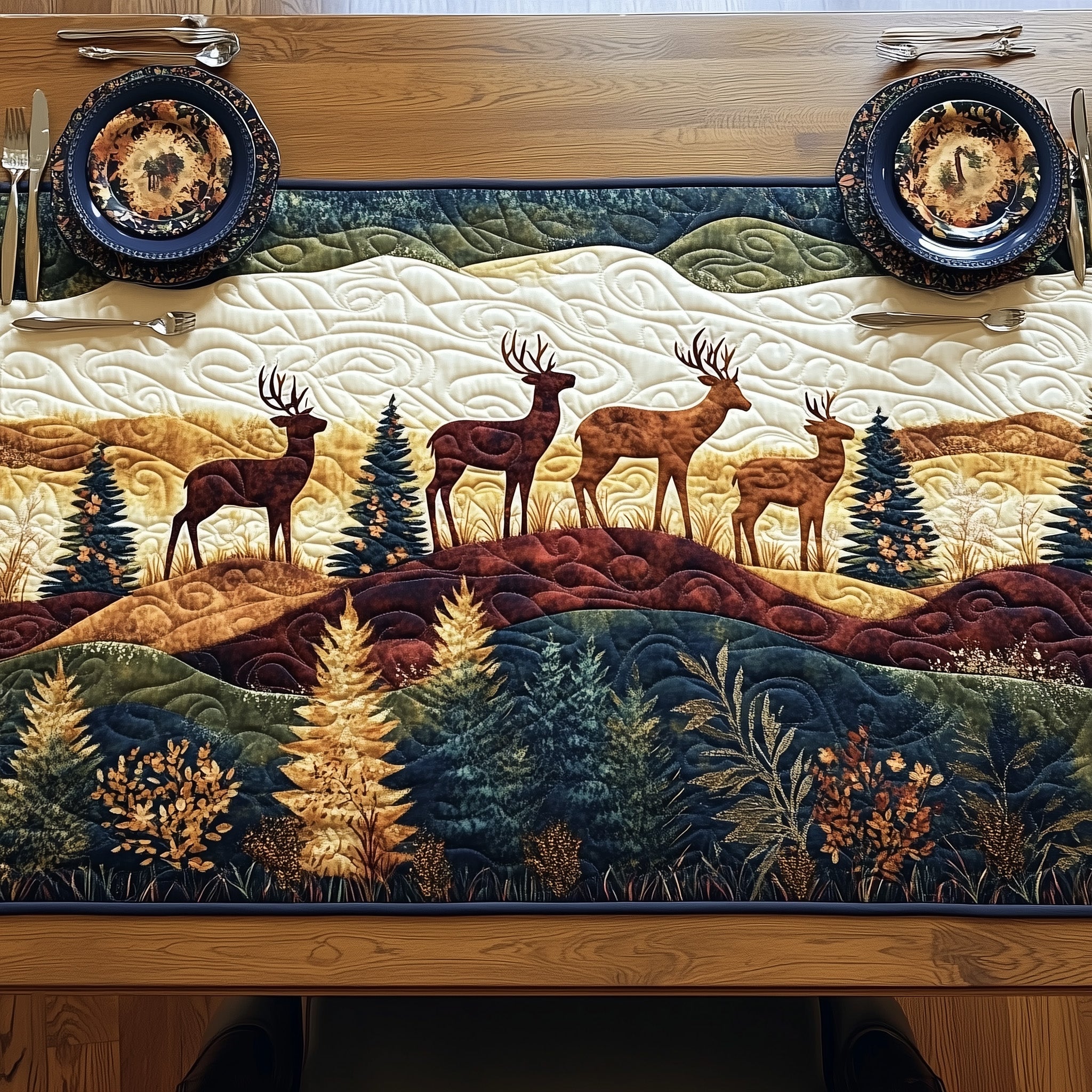 Rustic Deer Forest Quilted Table Runner Christmas Table Runner