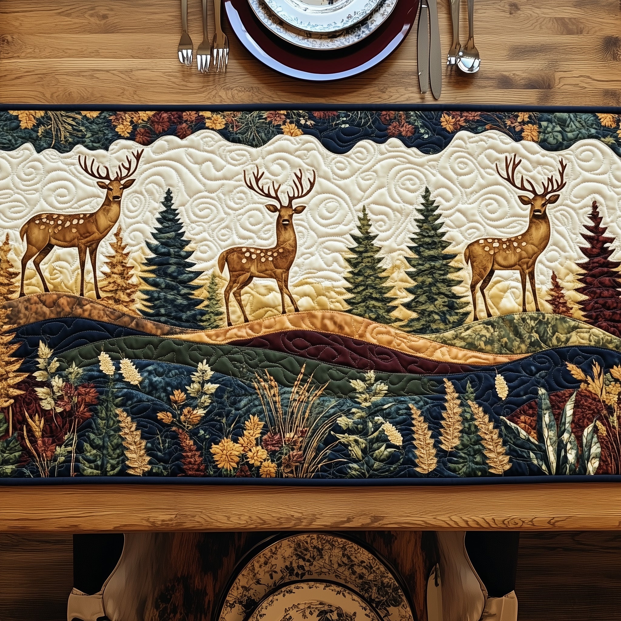 Rustic Deer Forest Quilted Table Runner Christmas Table Runner Gift Idea