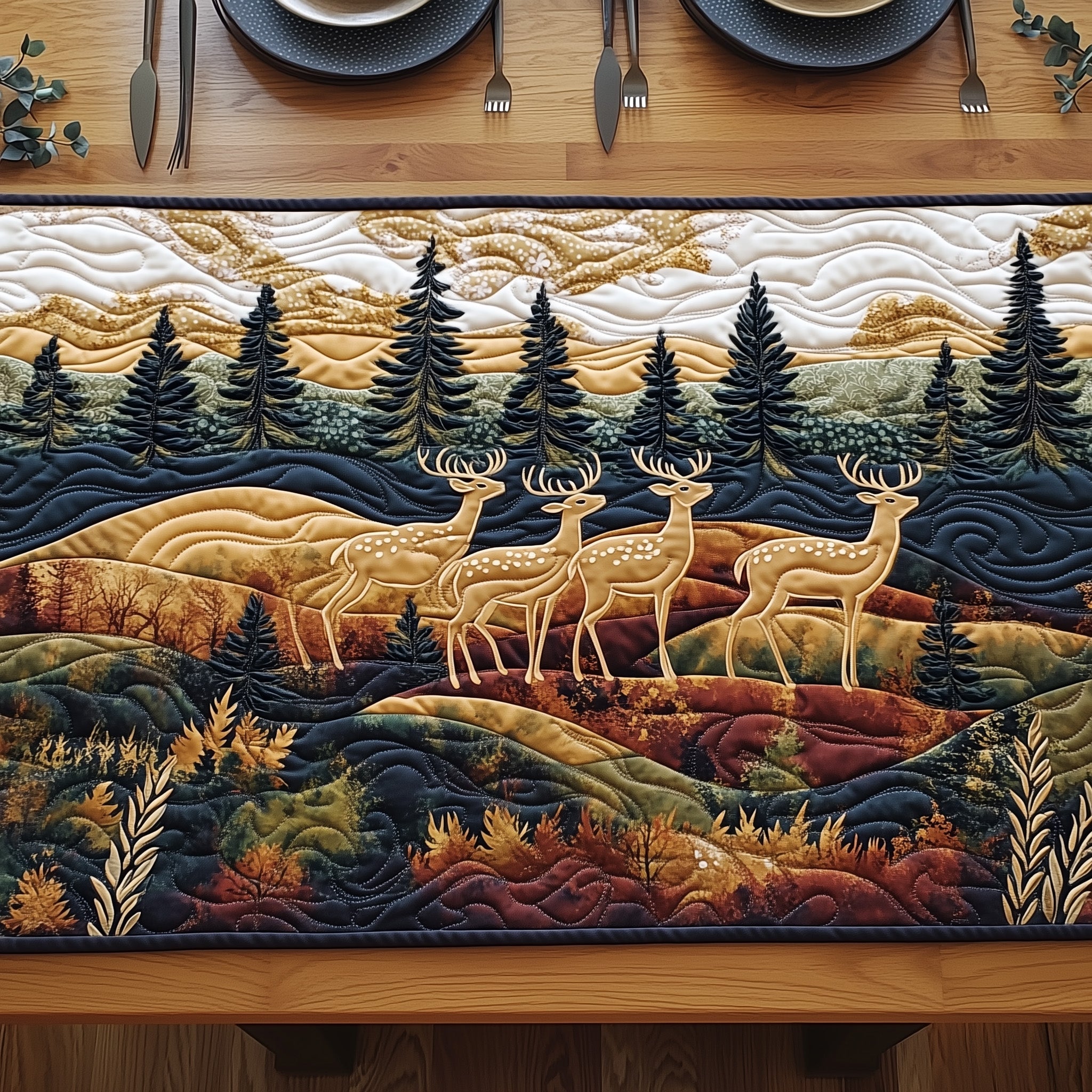 Rustic Deer Forest Quilted Table Runner Holiday Table Runner Decoration