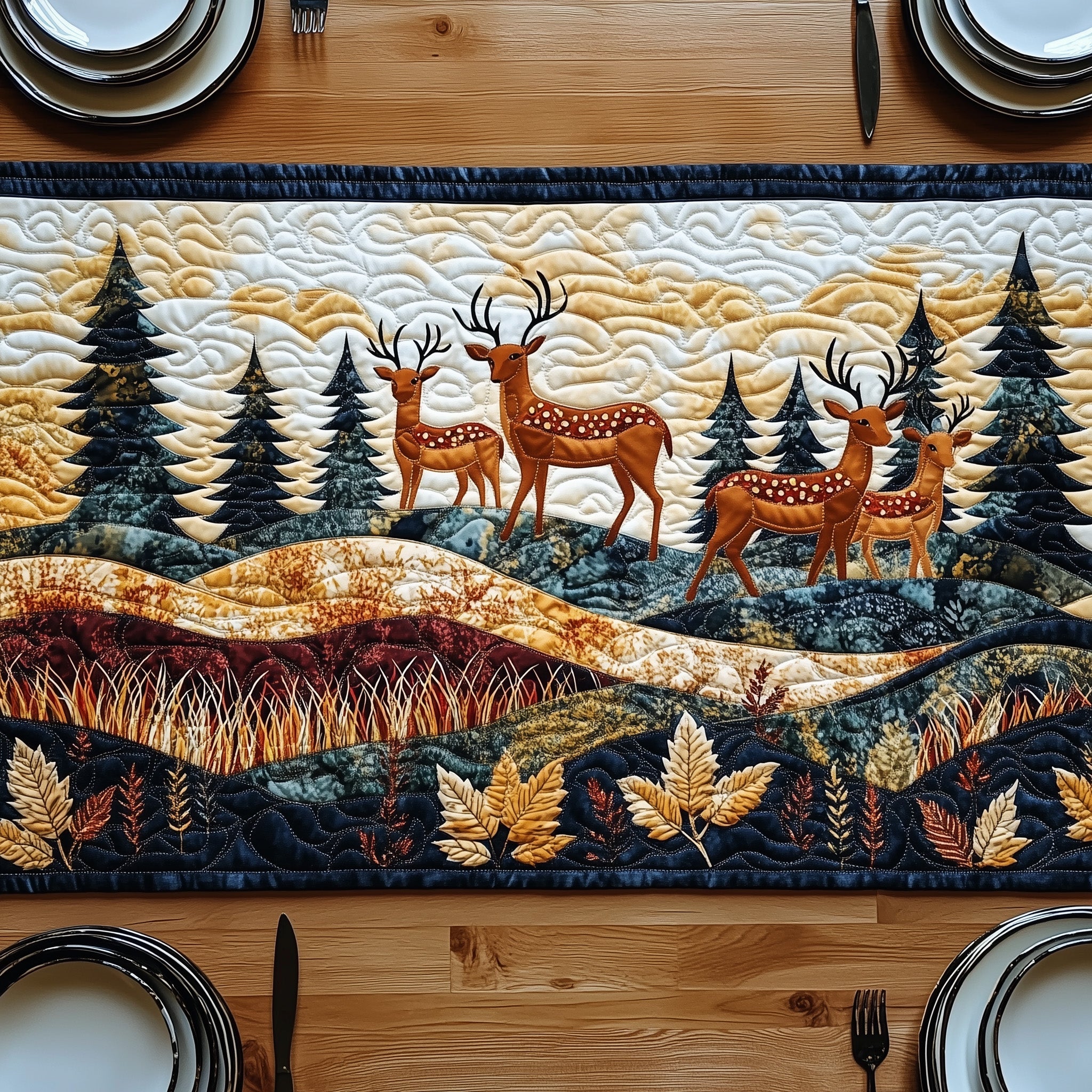 Rustic Deer Forest Quilted Table Runner Merry Christmas Table Runner Decor