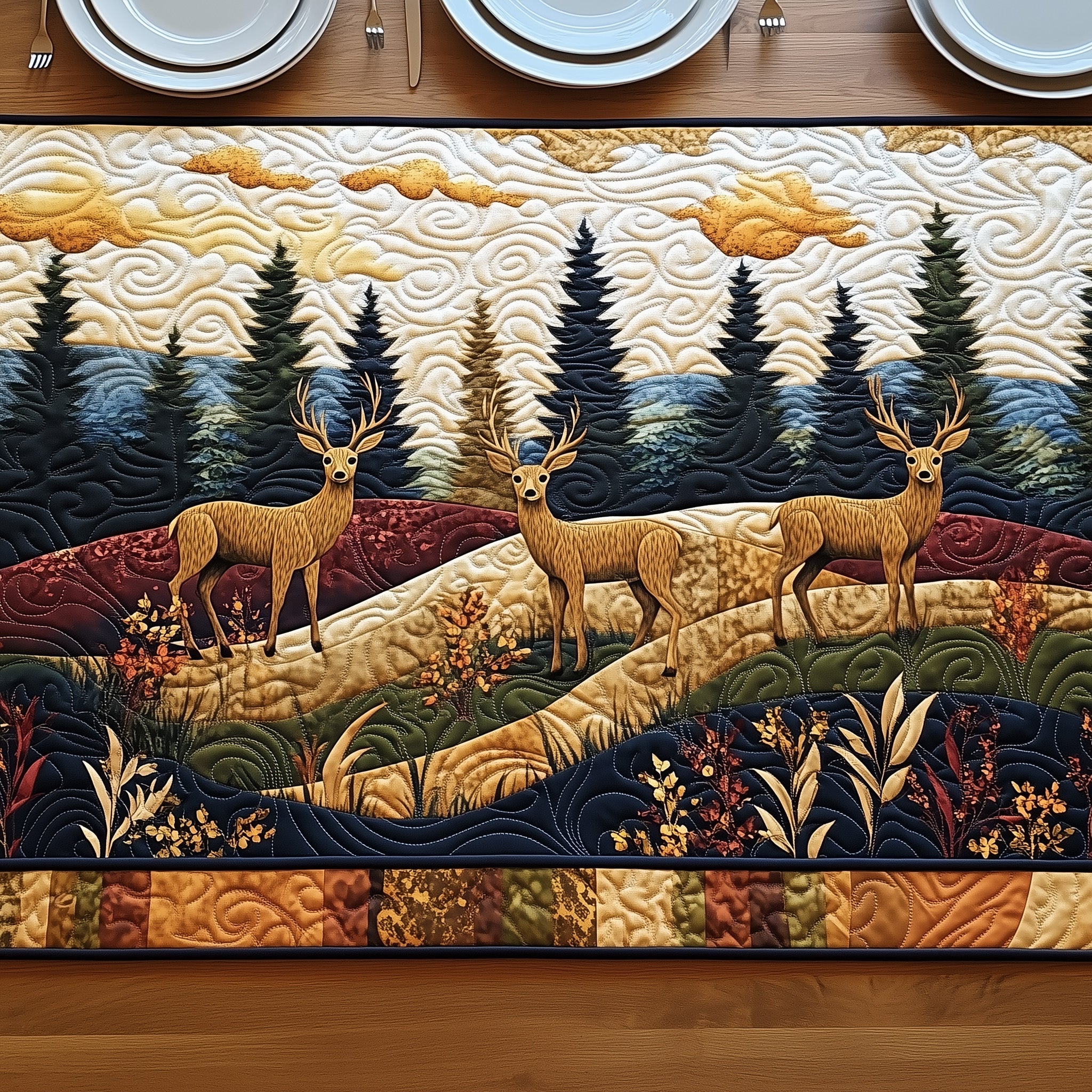 Rustic Deer Forest Quilted Table Runner Table Runner Gift for Holiday Season