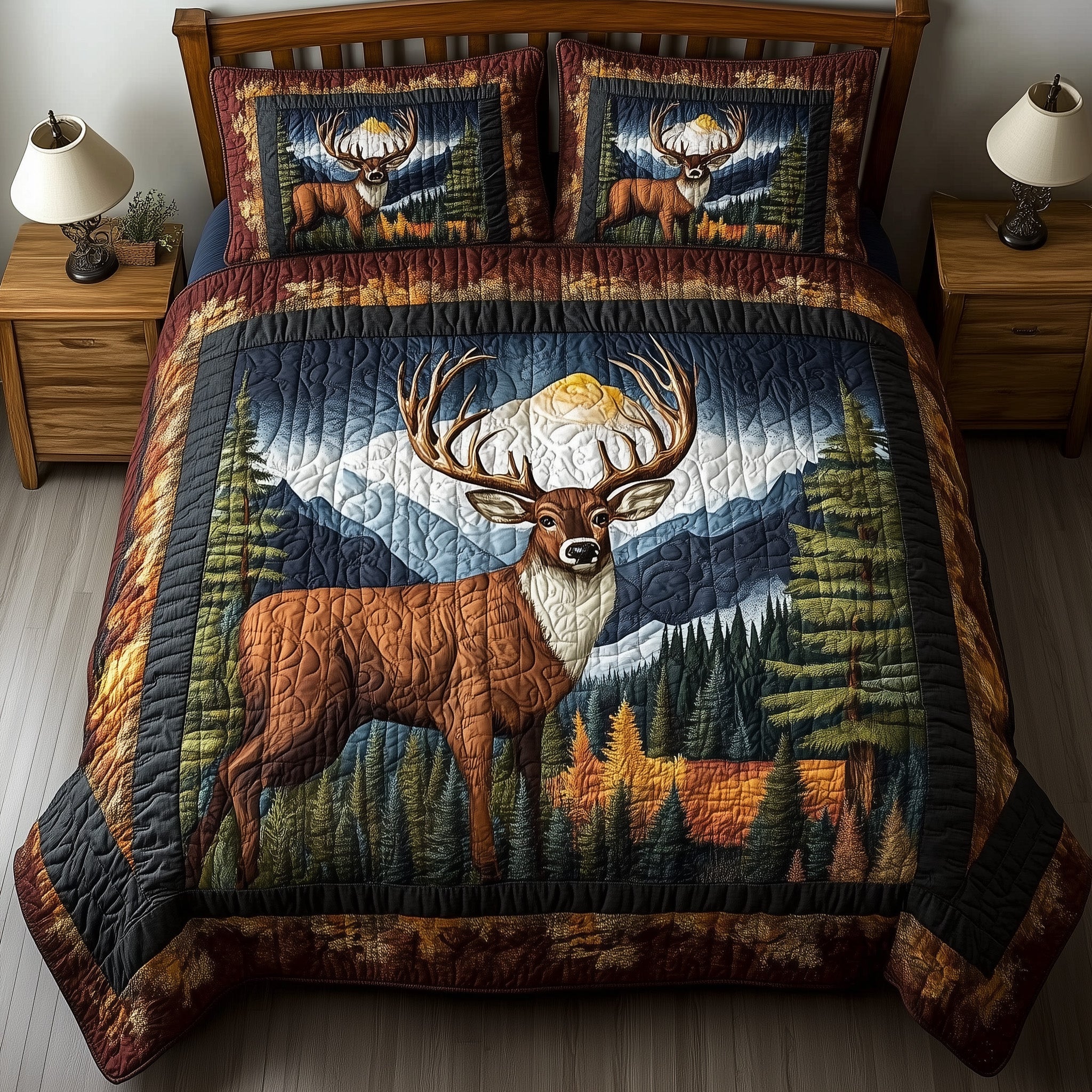 Rustic Deer Quilted Bedding Set Duvet Cover Bed Sheet Birthday Presents For Deer Lovers