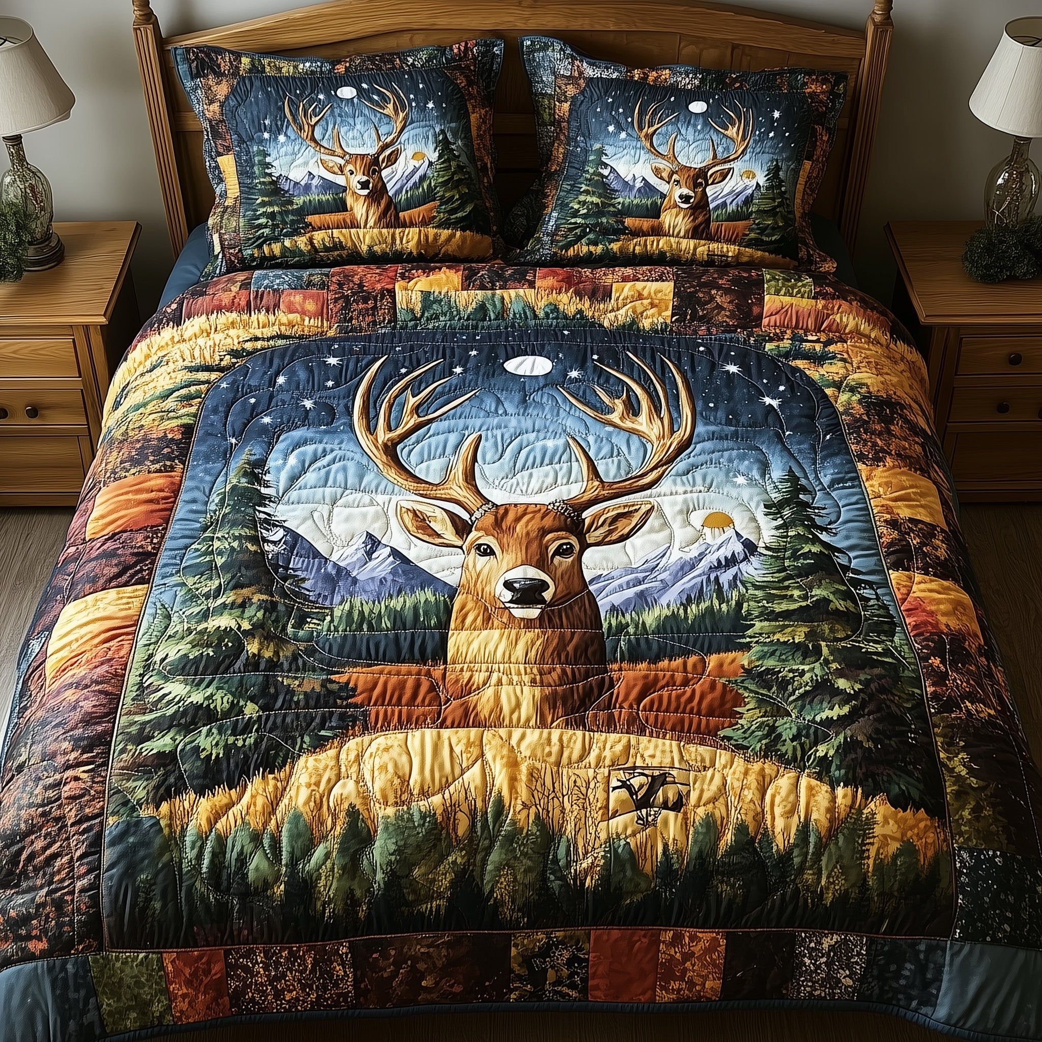 Rustic Deer Quilted Bedding Set Duvet Cover Bed Sheet Cool Gifts For Deer Hunters