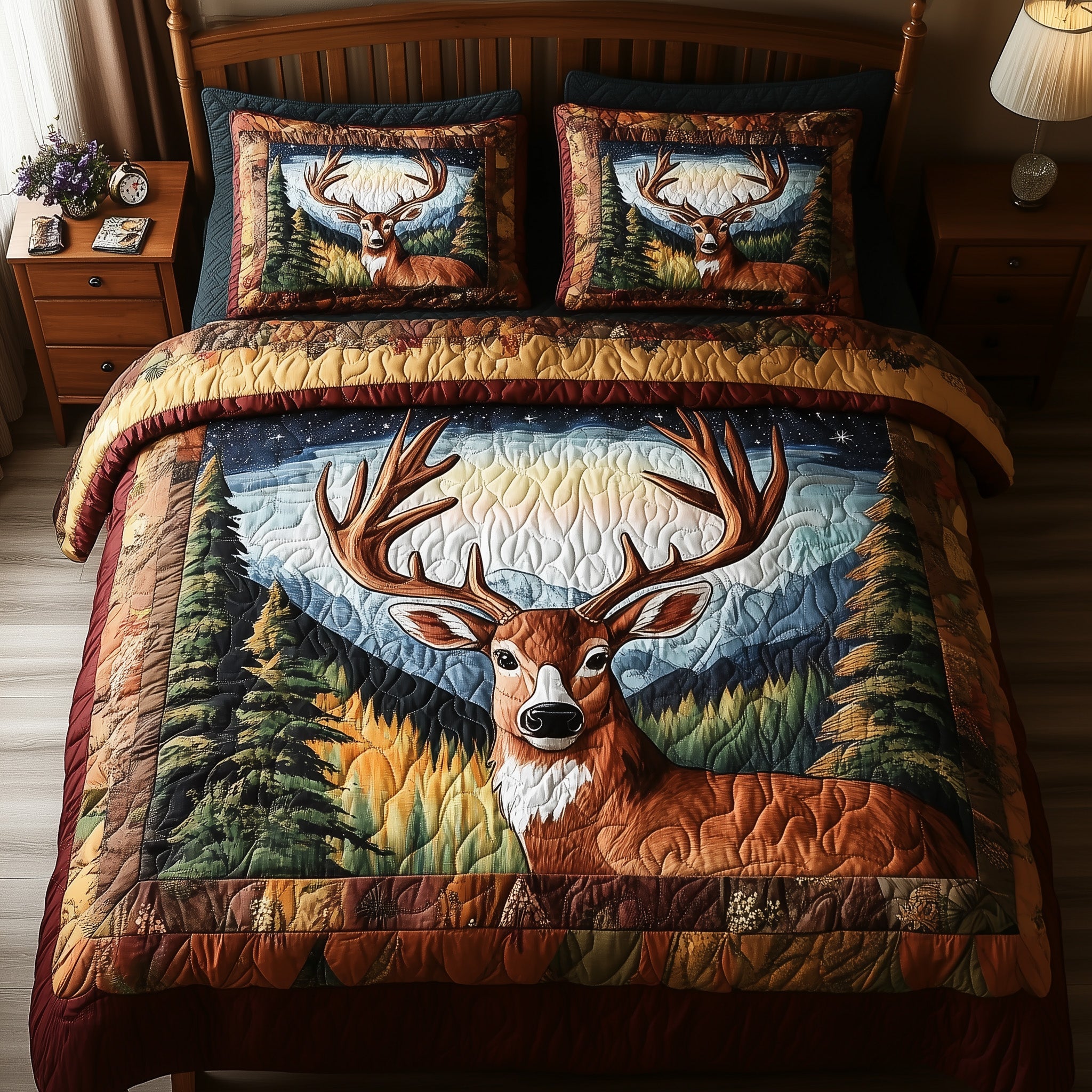 Rustic Deer Quilted Bedding Set Duvet Cover Bed Sheet Good Gifts For Deer Hunters