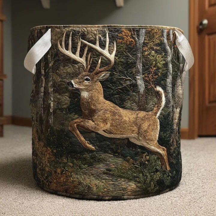 Rustic Deer Quilted Laundry Basket Buck Forest Wildlife Hunting Home Decor Gift For Deer Hunters