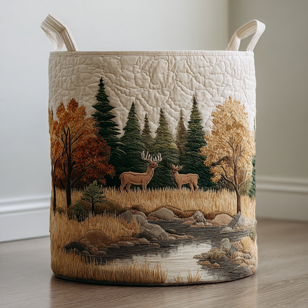 Rustic Deer Quilted Laundry Basket Elegant Quilted Laundry Bin for Bedroom and Bathroom