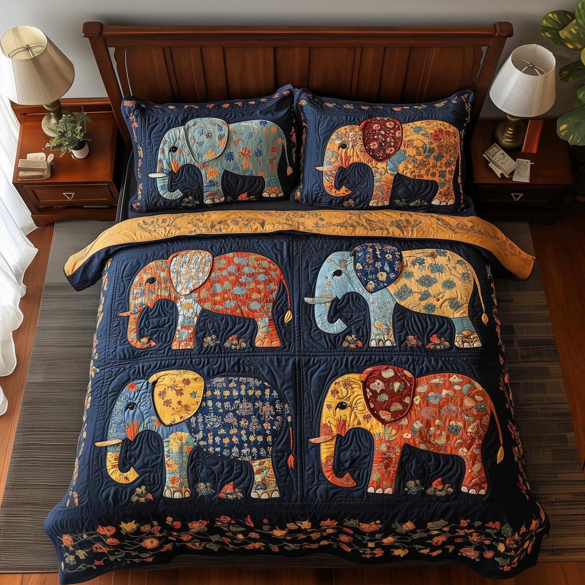 Rustic Elephant Quilted Bedding Set Bohemian Vibe