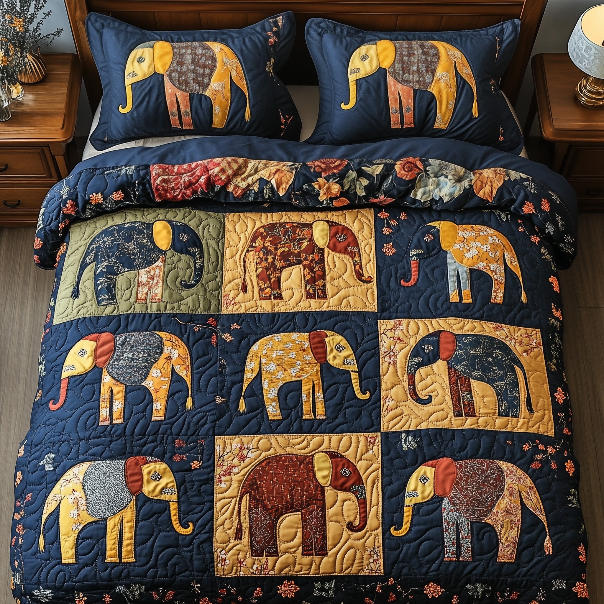 Rustic Elephant Quilted Bedding Set Home Decor Collection