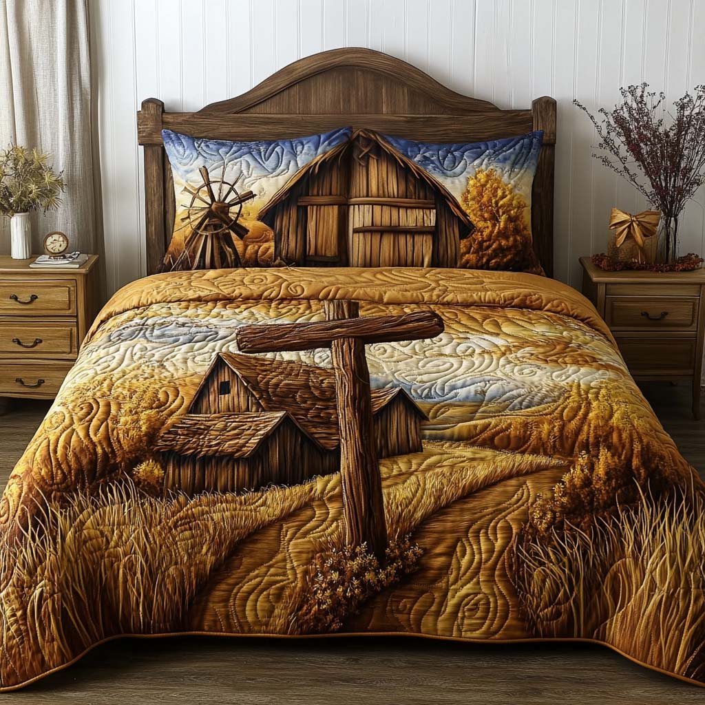 Rustic Faith Cross Quilted Bedding Set Aesthetic Room Decor Christian Birthday Gifts