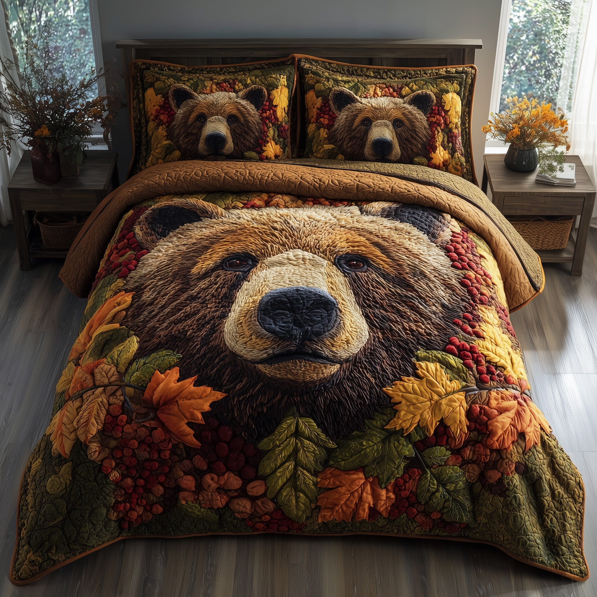 Rustic Fall Bear Quilted Bedding Set Holiday Gift