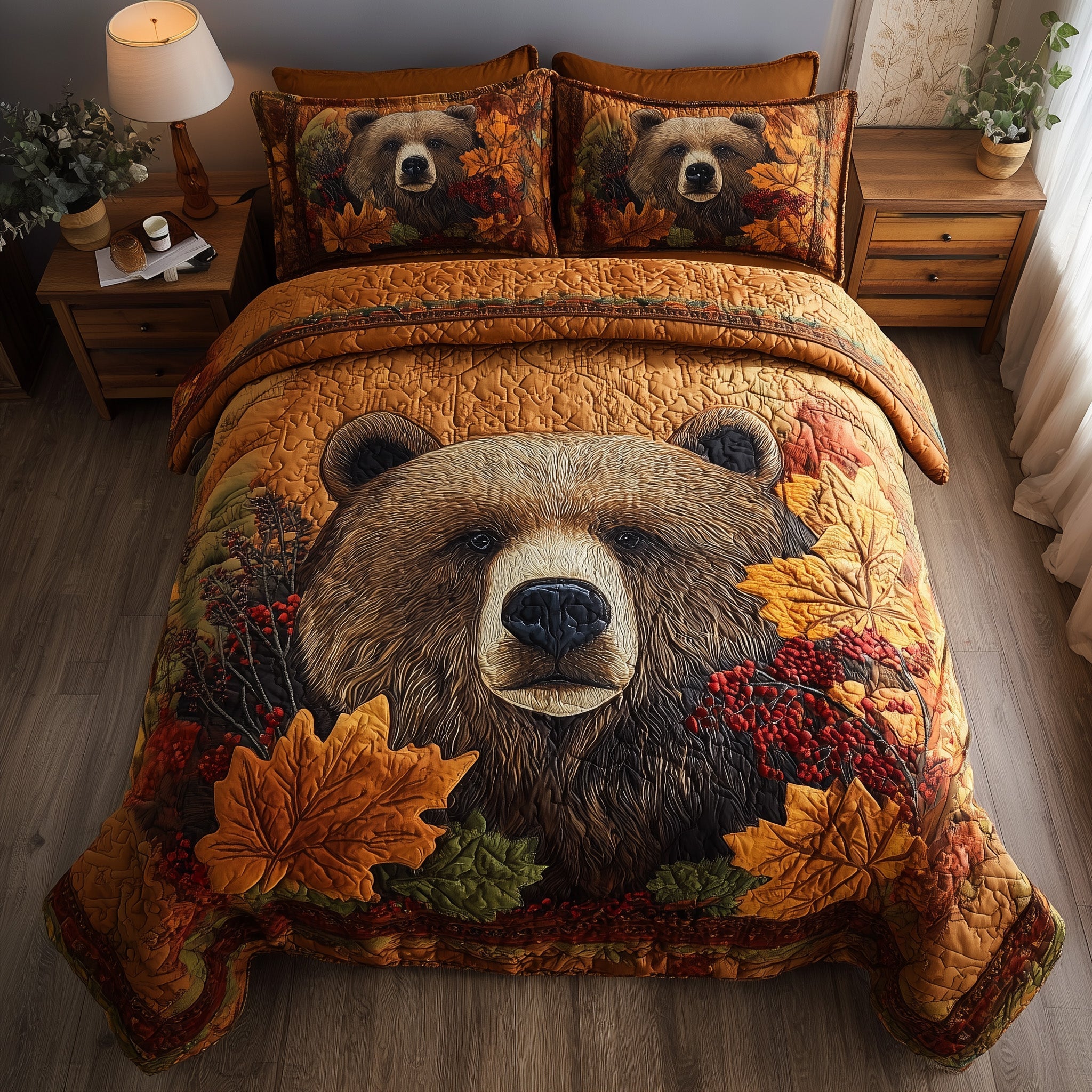 Rustic Fall Bear Quilted Bedding Set Machine Washable