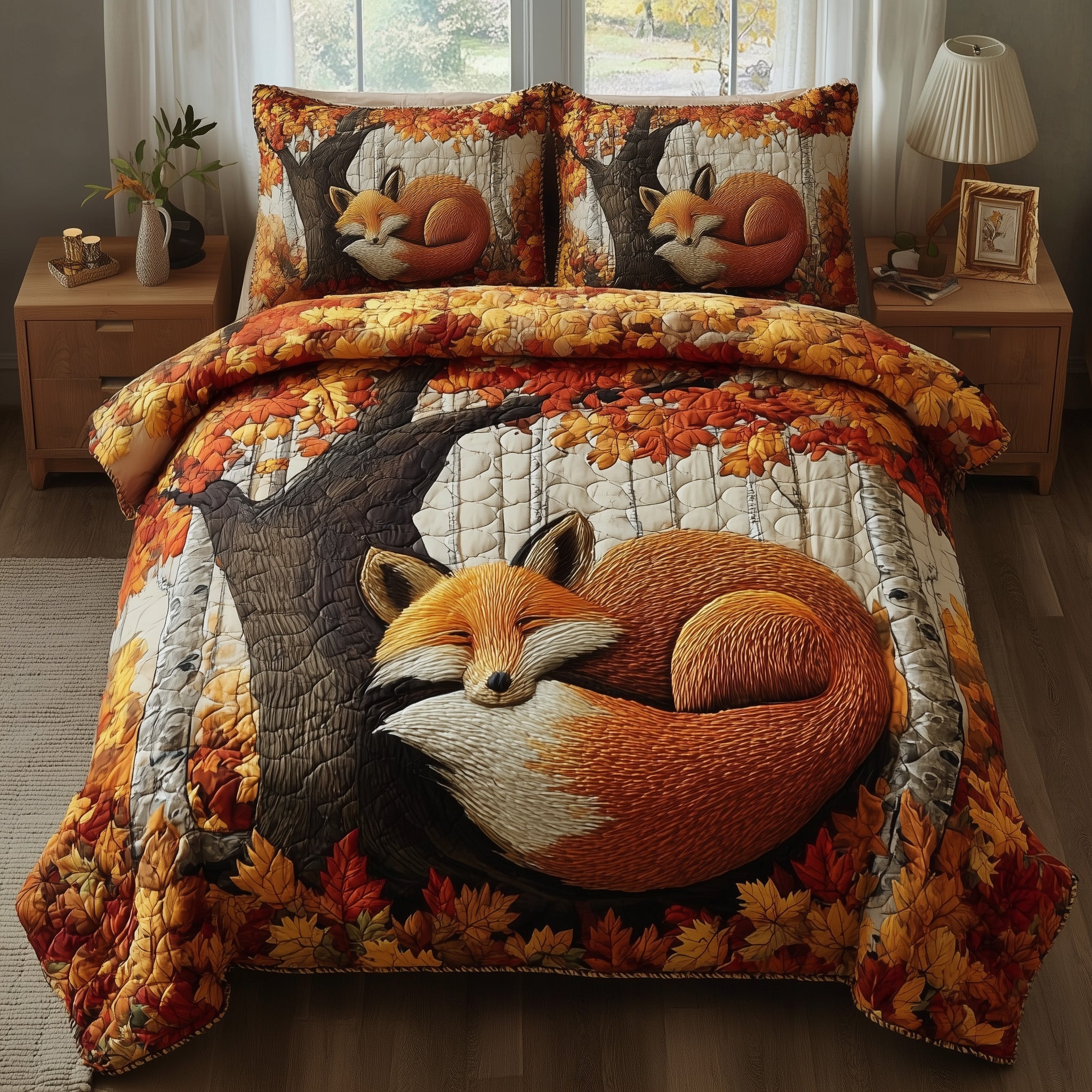 Rustic Fall Fox Quilted Bedding Set Hypoallergenic