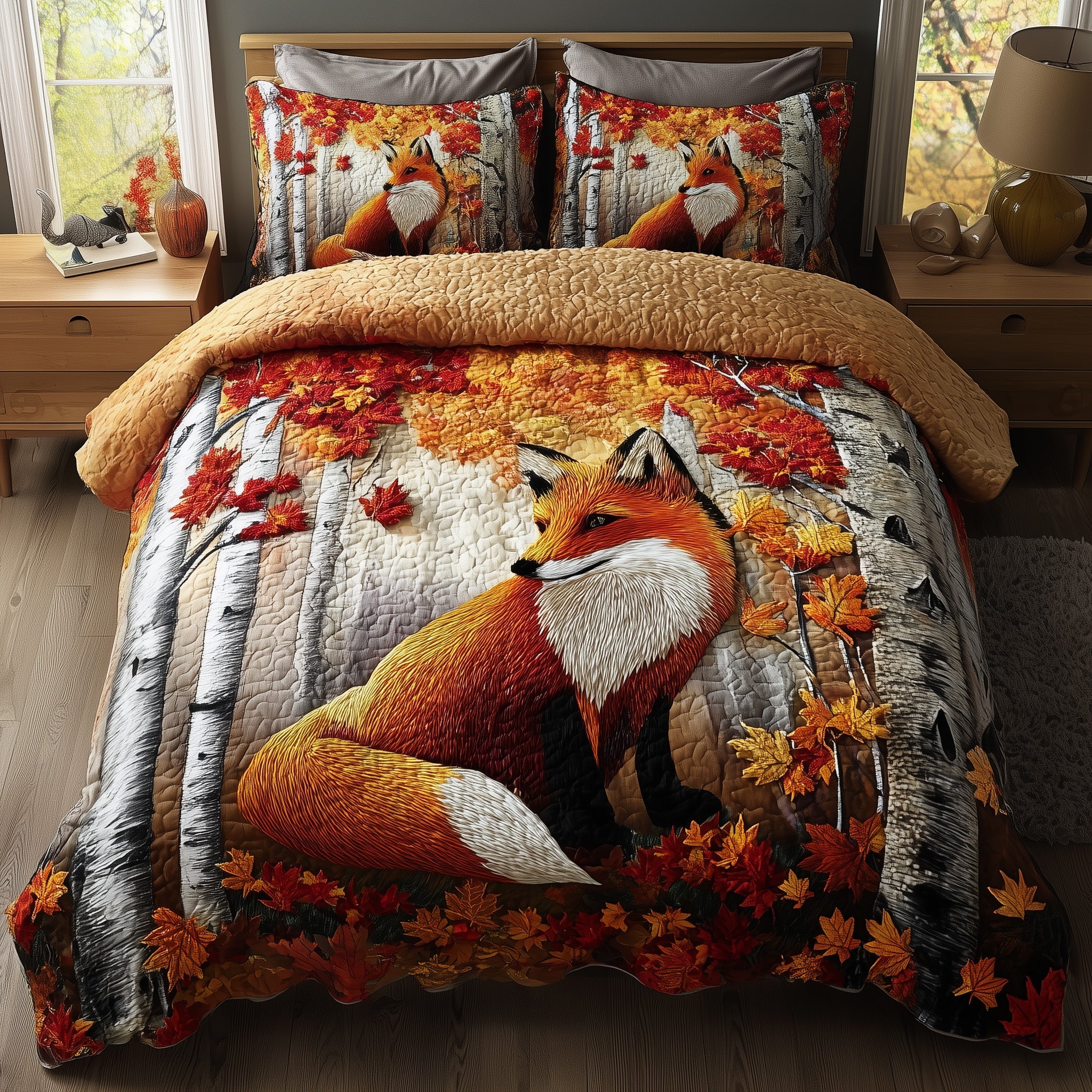 Rustic Fall Fox Quilted Bedding Set Linen Blend