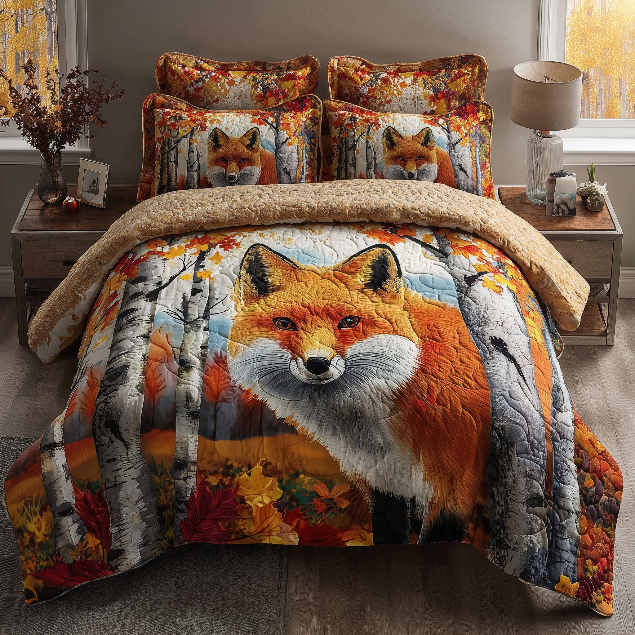 Rustic Fall Fox Quilted Bedding Set New Home Gift