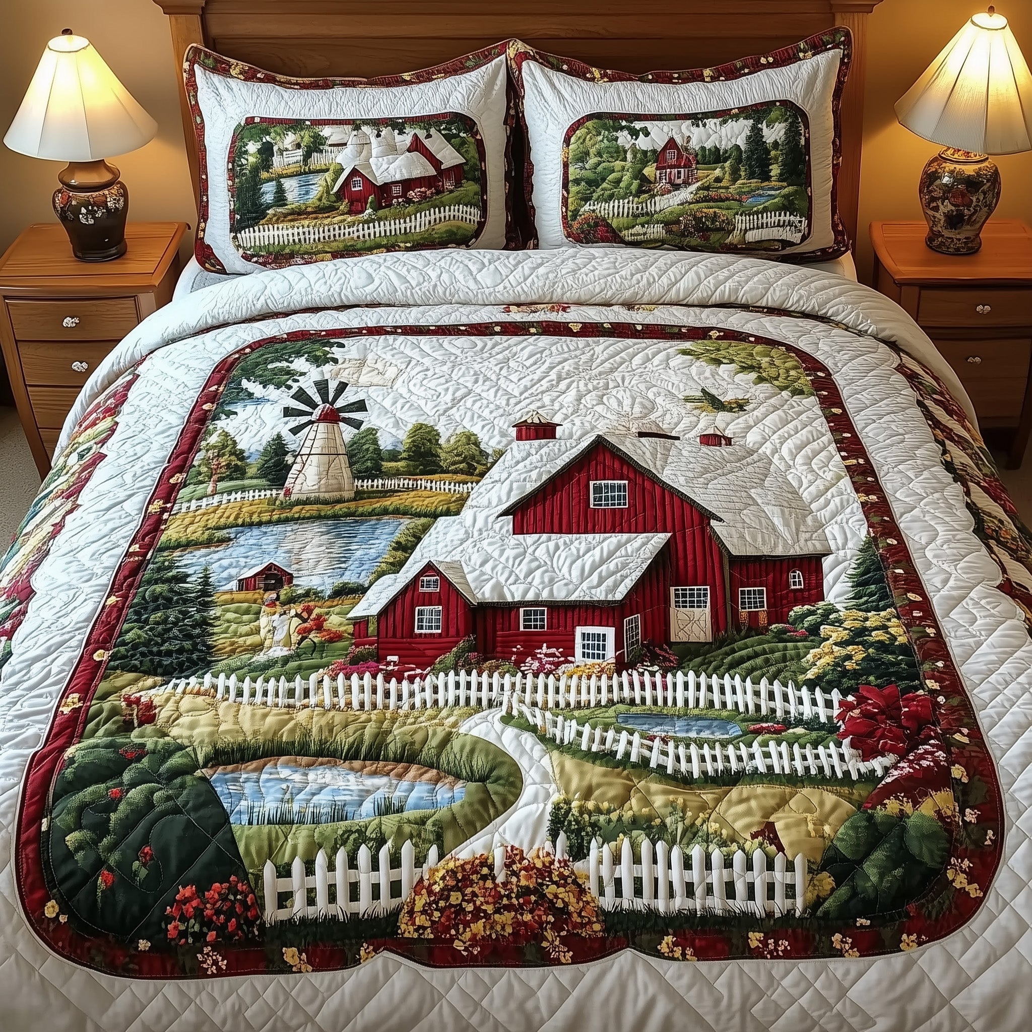 Rustic Farm Scene Quilted Bedding Set Duvet Cover Merchandise Gifts For Farmers For Christmas