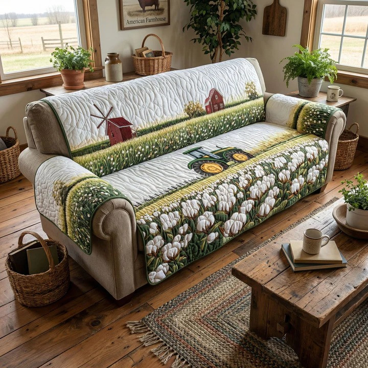 Rustic Field Escape Quilted Sofa Cover Country Farmhouse Furniture Protector Best Gift For Farm Fans