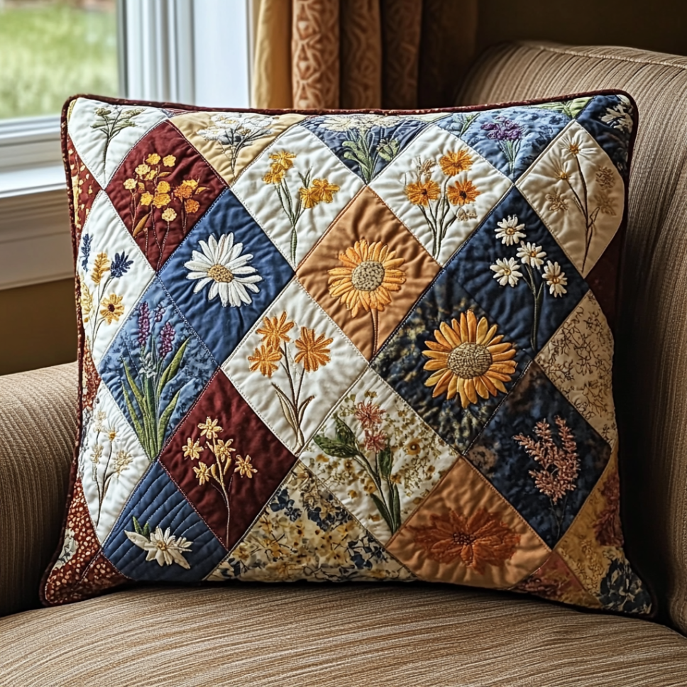 Rustic Flowers Patchwork Quilted Pillow Case Cute Pillow Covers Sunflower Birthday Gifts