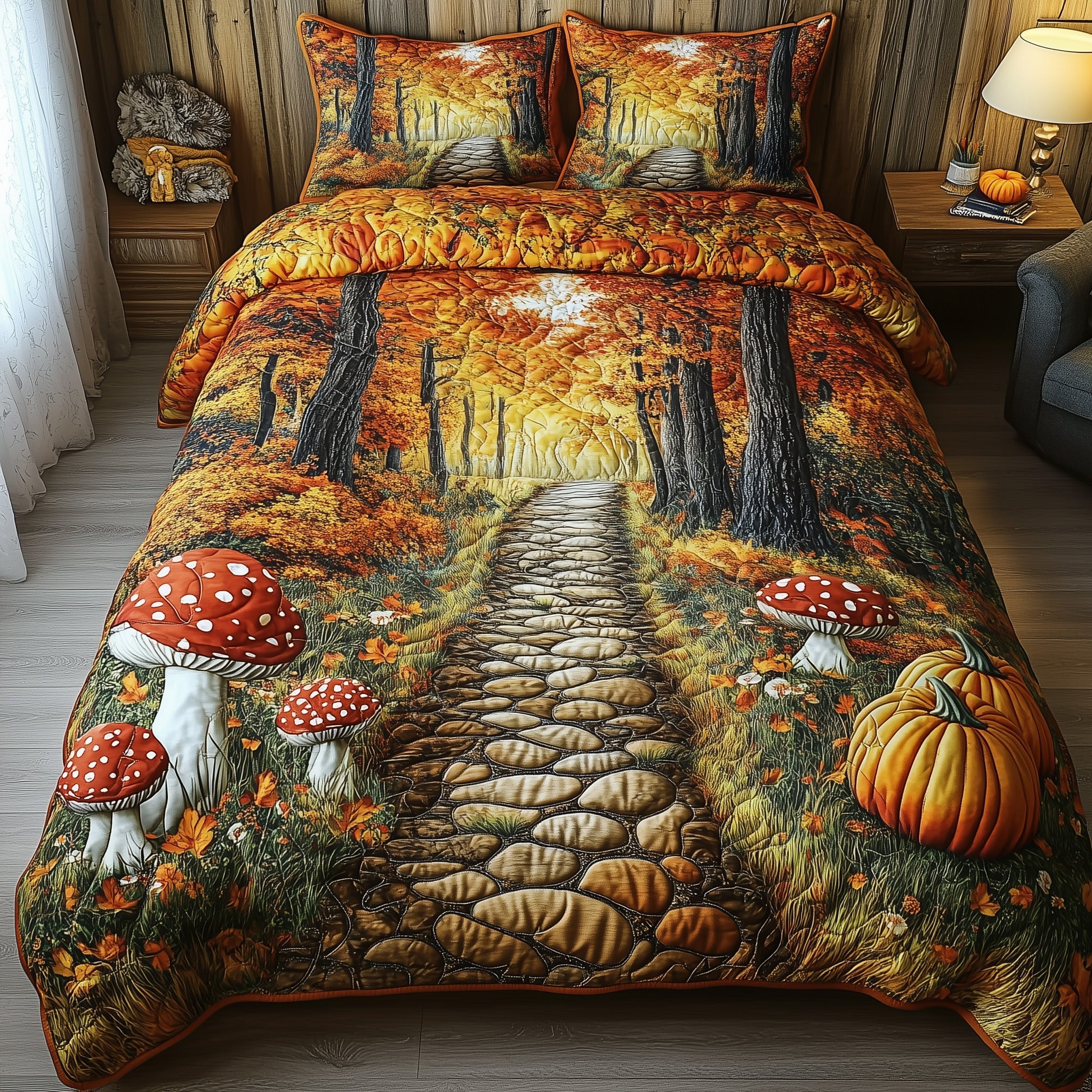 Rustic Forest Quilted Bedding Set Cozy Maple Leafs Forest Autumn Vibes Bedding Gifts