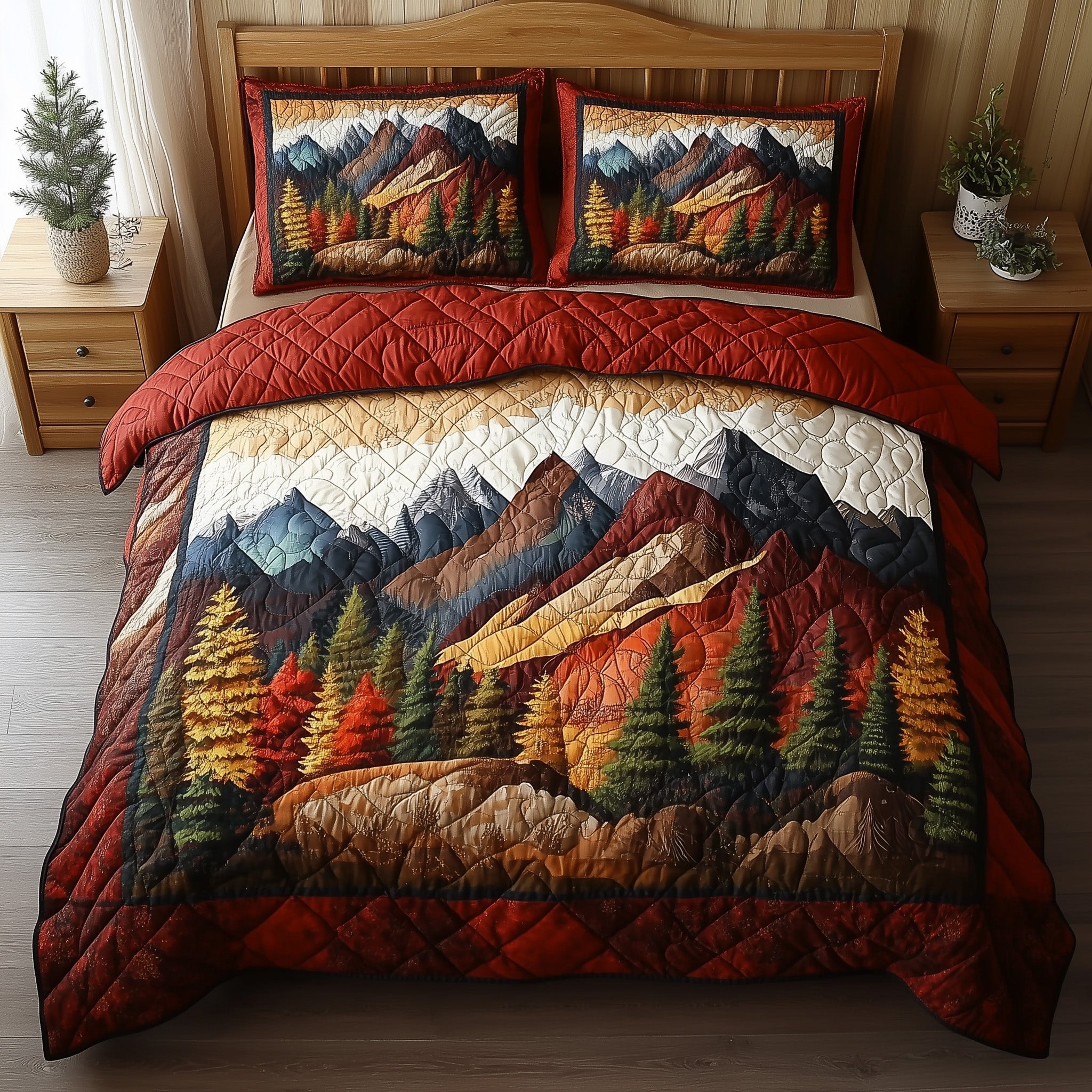 Rustic Forest Quilted Bedding Set Cozy Mountains Autumn Vibe Best Nature Bedding Gifts