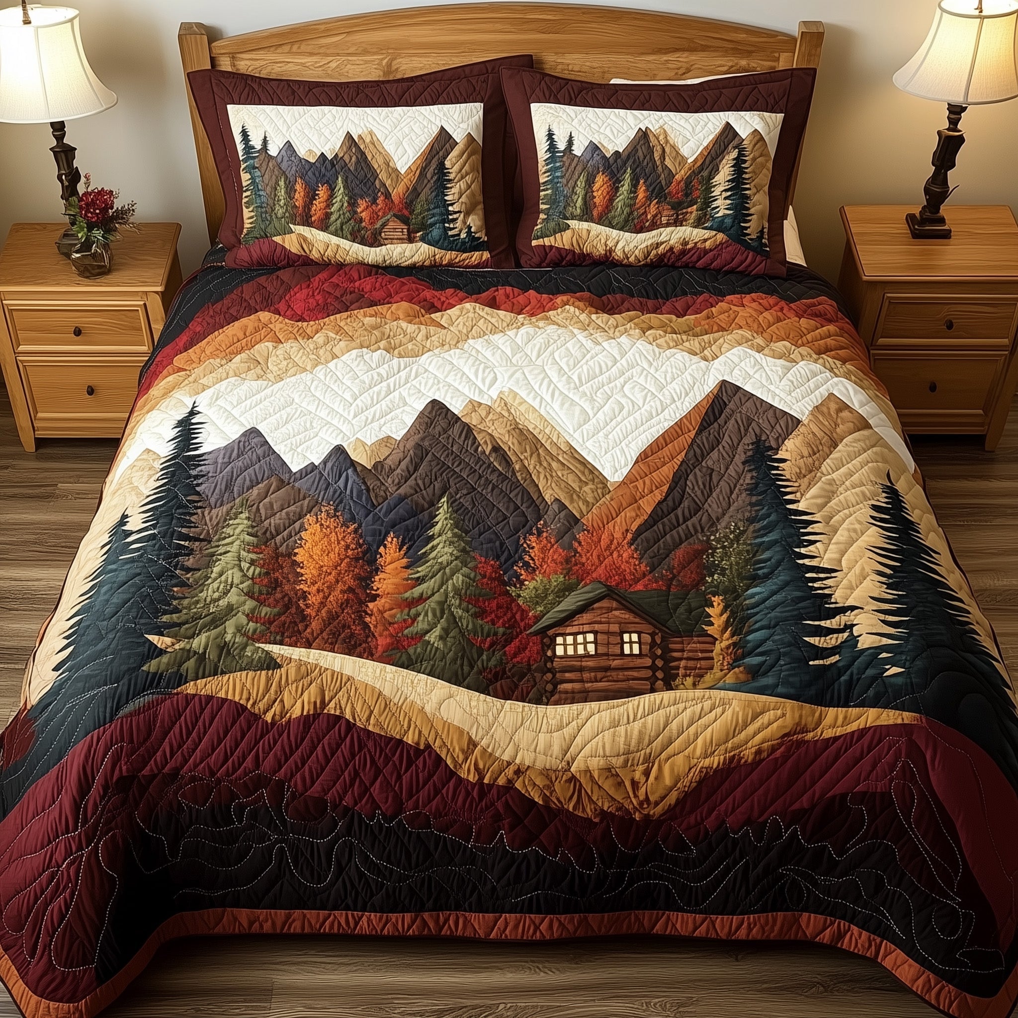 Rustic Forest Quilted Bedding Set Cozy Mountains Autumn Vibe Best Nature Bedding Presents