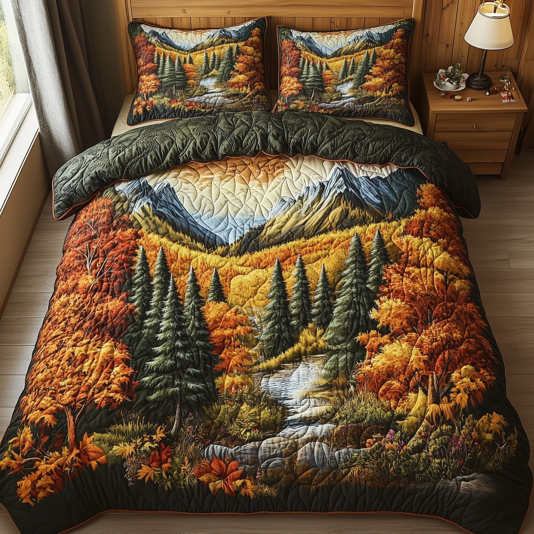Rustic Forest Quilted Bedding Set Maple Leafs Forest Cozy Autumn Vibes Bedding Gift Ideas