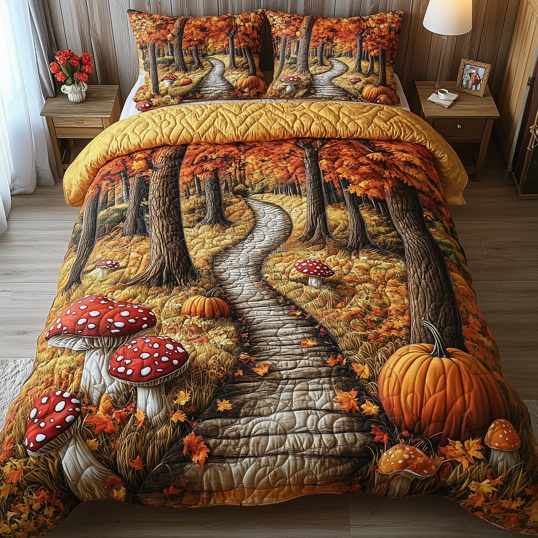 Rustic Forest Quilted Bedding Set Maple Leafs Forest Cozy Autumn Vibes Bedding Gifts