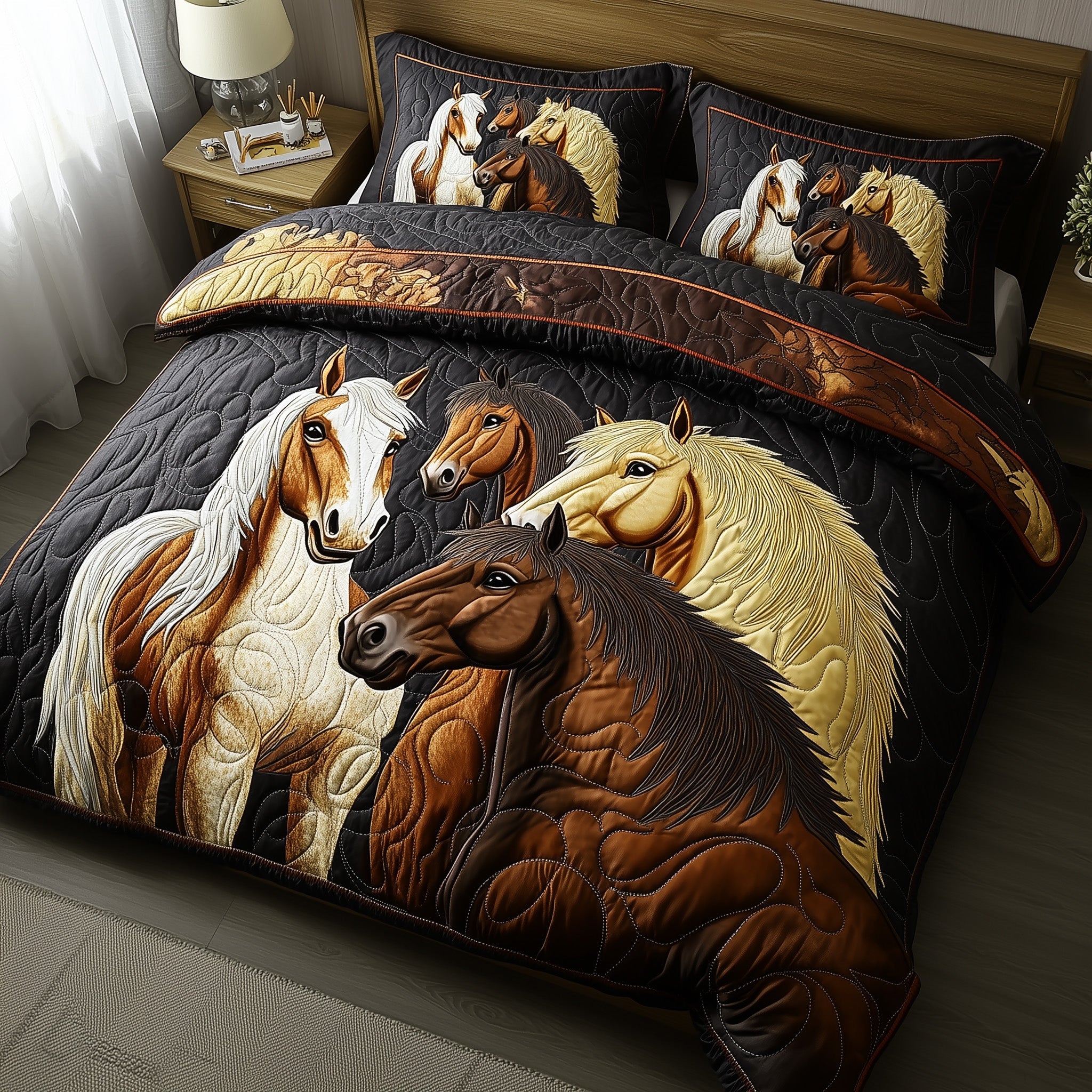 Rustic Gallop Quilted Bedding Set Duvet Cover Bed Sheet Horse Themed Presents