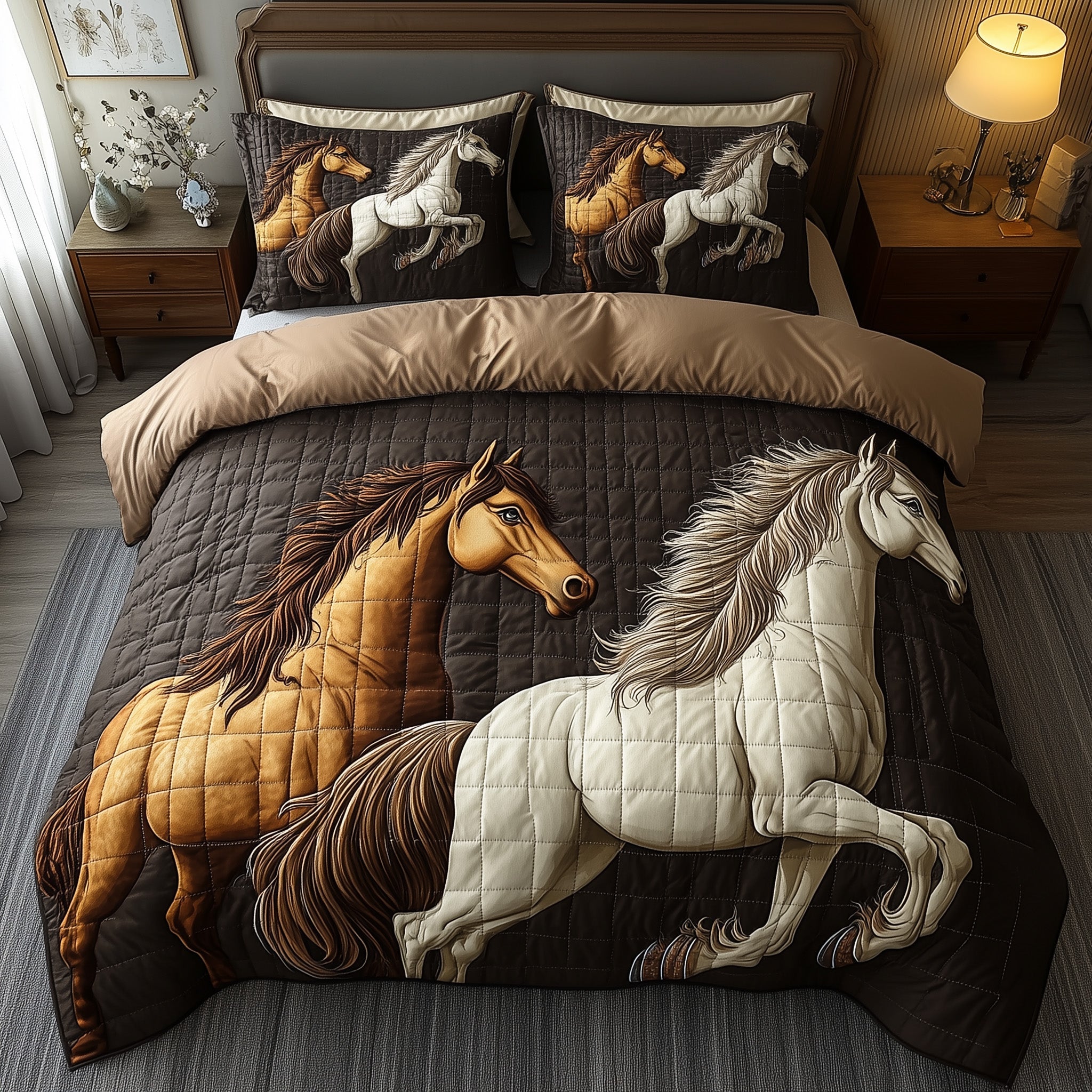 Rustic Gallop Quilted Bedding Set Duvet Cover Bed Sheet Horsey Gifts For Friends