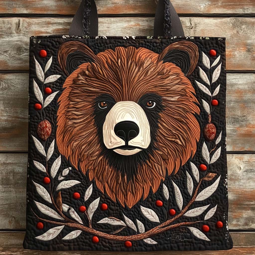 Rustic Grizzly Charm Quilted Tote Bag Cute Bear Themed Gifts