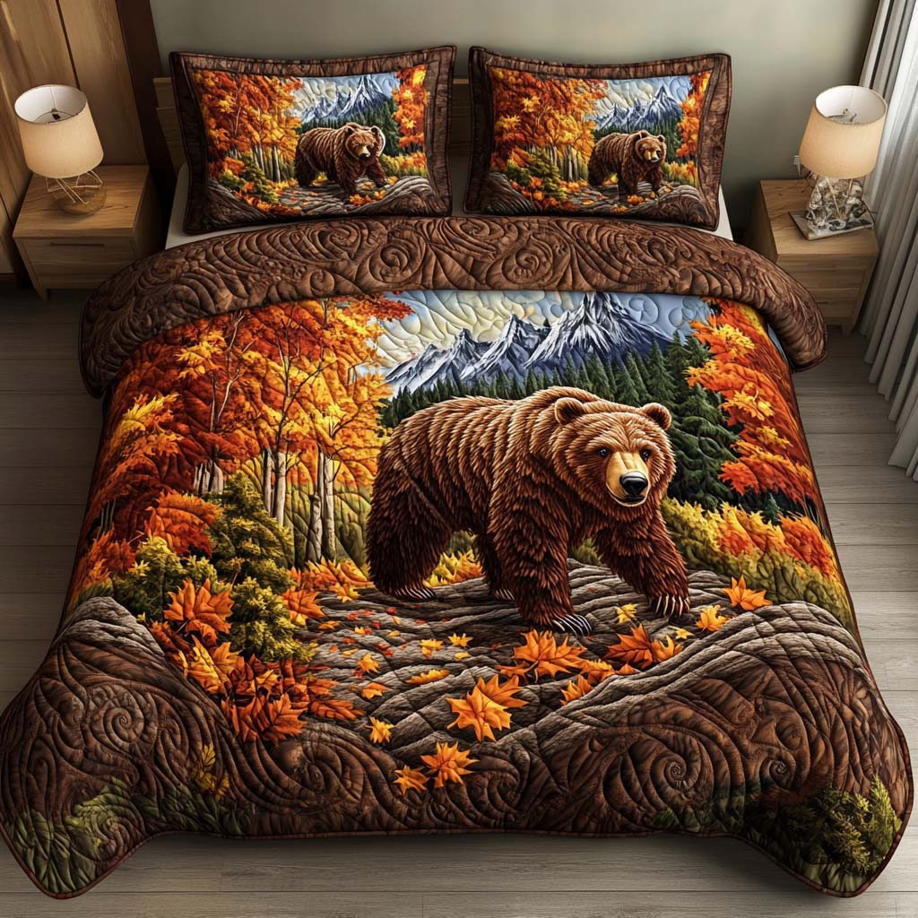 Rustic Grizzly Quilted Bedding Set Autumn Bed Sheet Set Unique Gifts For Animal Lovers
