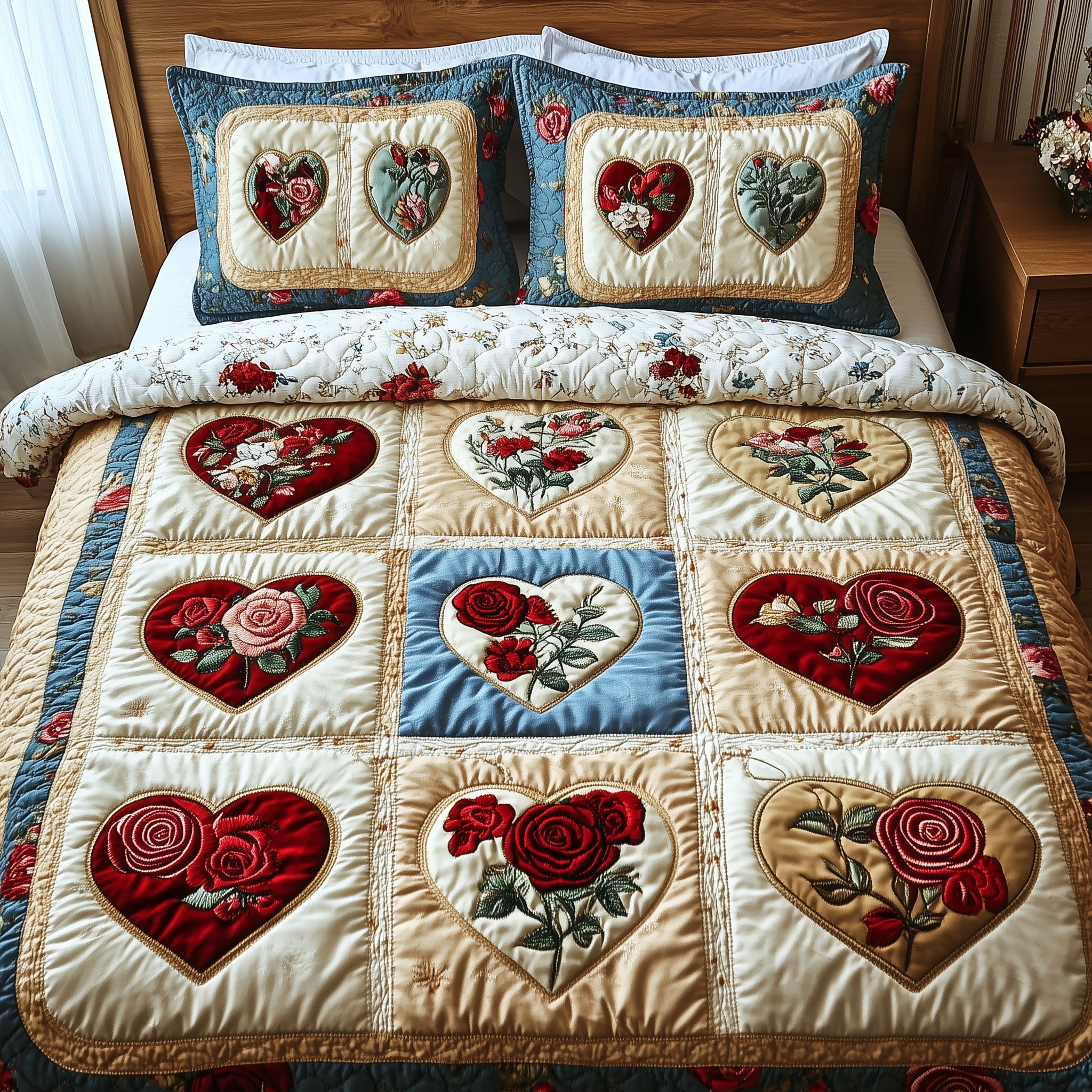 Rustic Heart Quilted Bedding Set Cotton Sateen