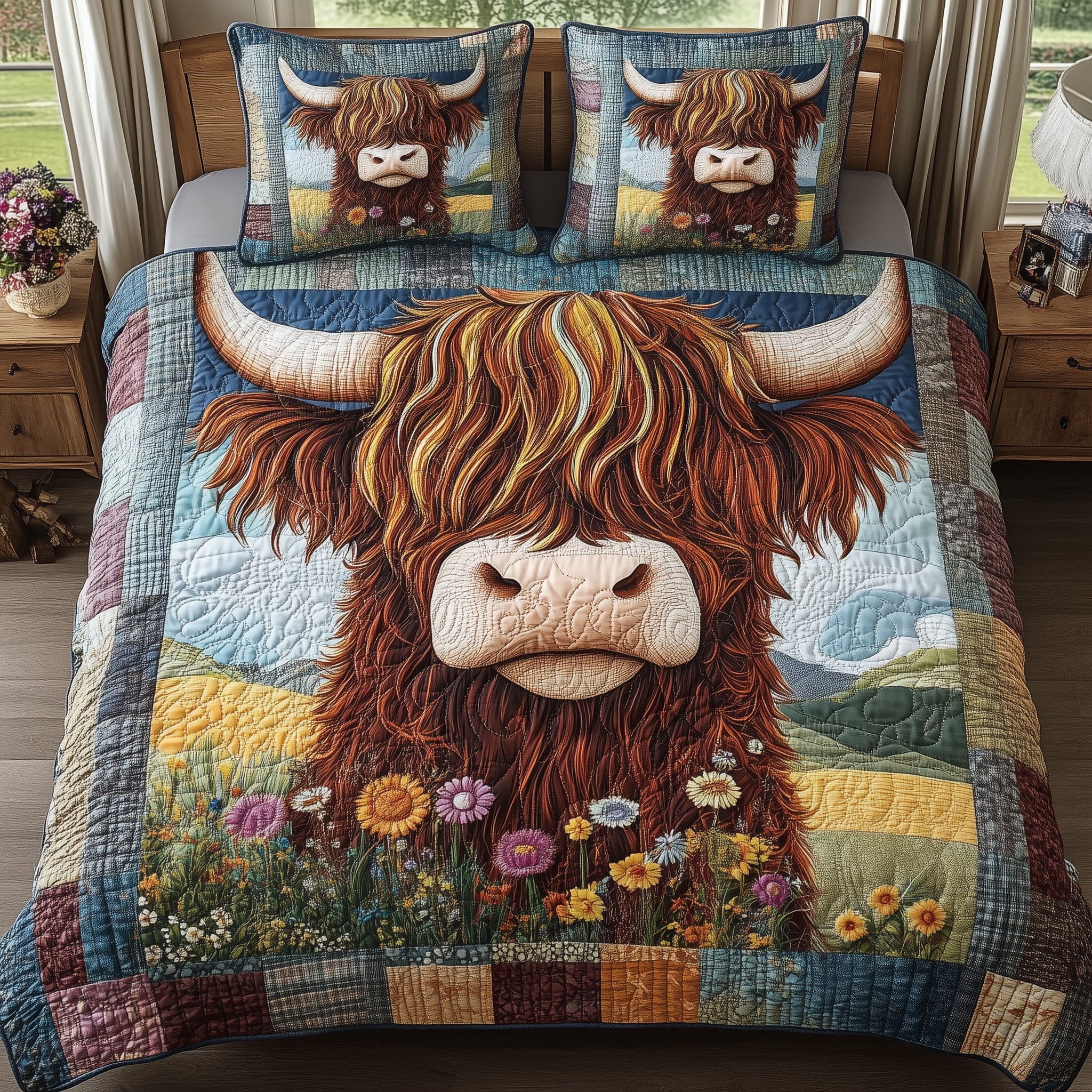 Rustic Highland Cow Quilted Bedding Set Duvet Cover Bedspread Cow Lover Gift Ideas