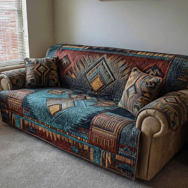 Rustic Horizon Quilted Sofa Cover Southwest Boho Geometric Furniture Protector Best Home Decor Gift
