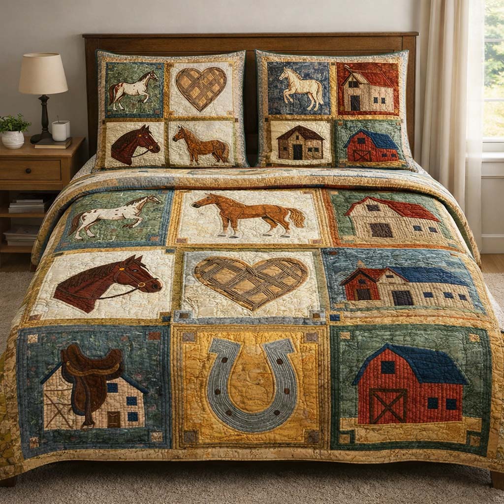 Rustic Horse Quilted Bedding Set Country Western Bedroom Decor Gift For Horse Lovers