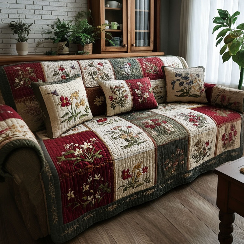 Rustic Meadow Grace Quilted Sofa Cover Country Floral Decor Gift For Home Lovers