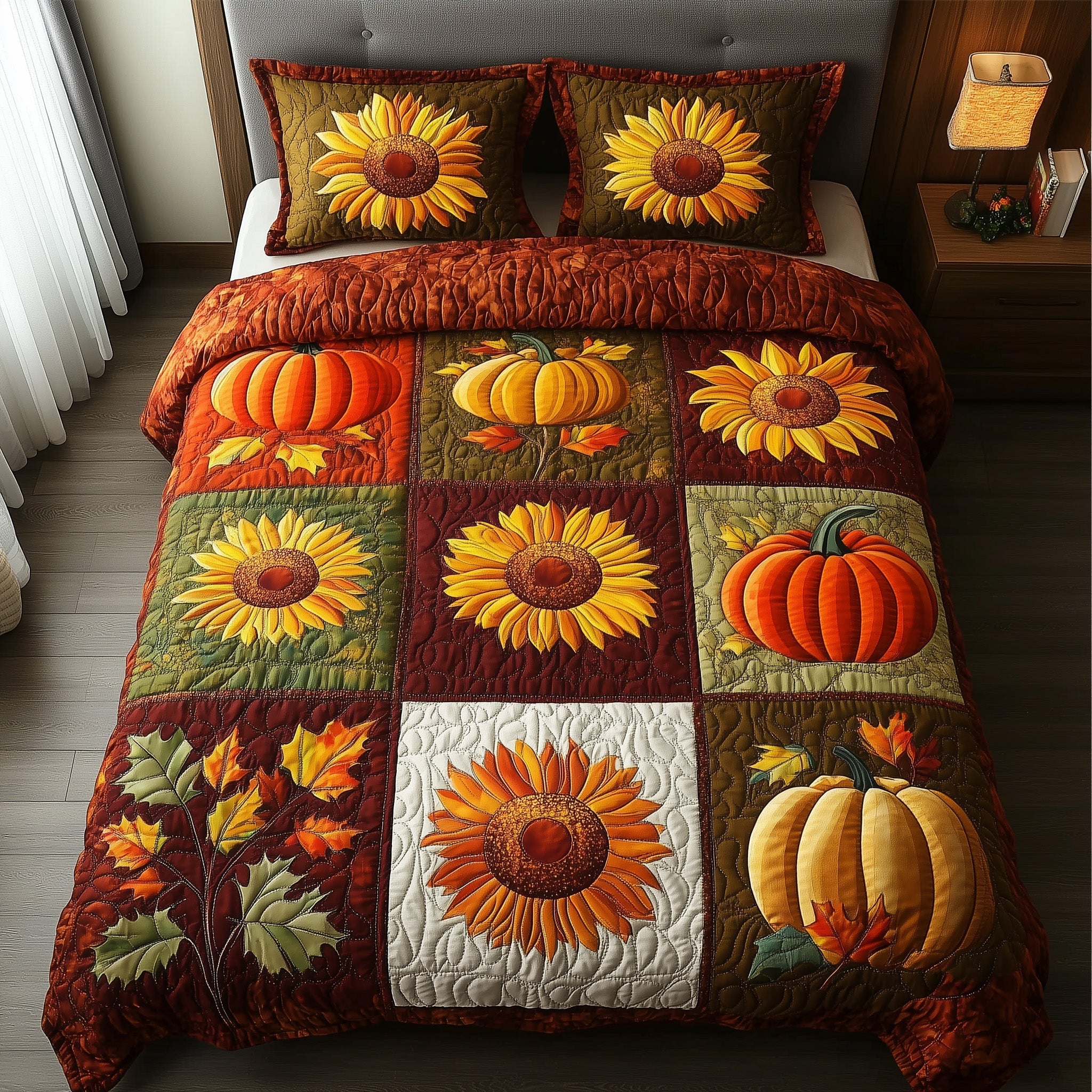 Rustic Patchwork Quilted Bedding Set Cozy Pumpkin Maple Leafs Unique Fall Design Bedding Gifts