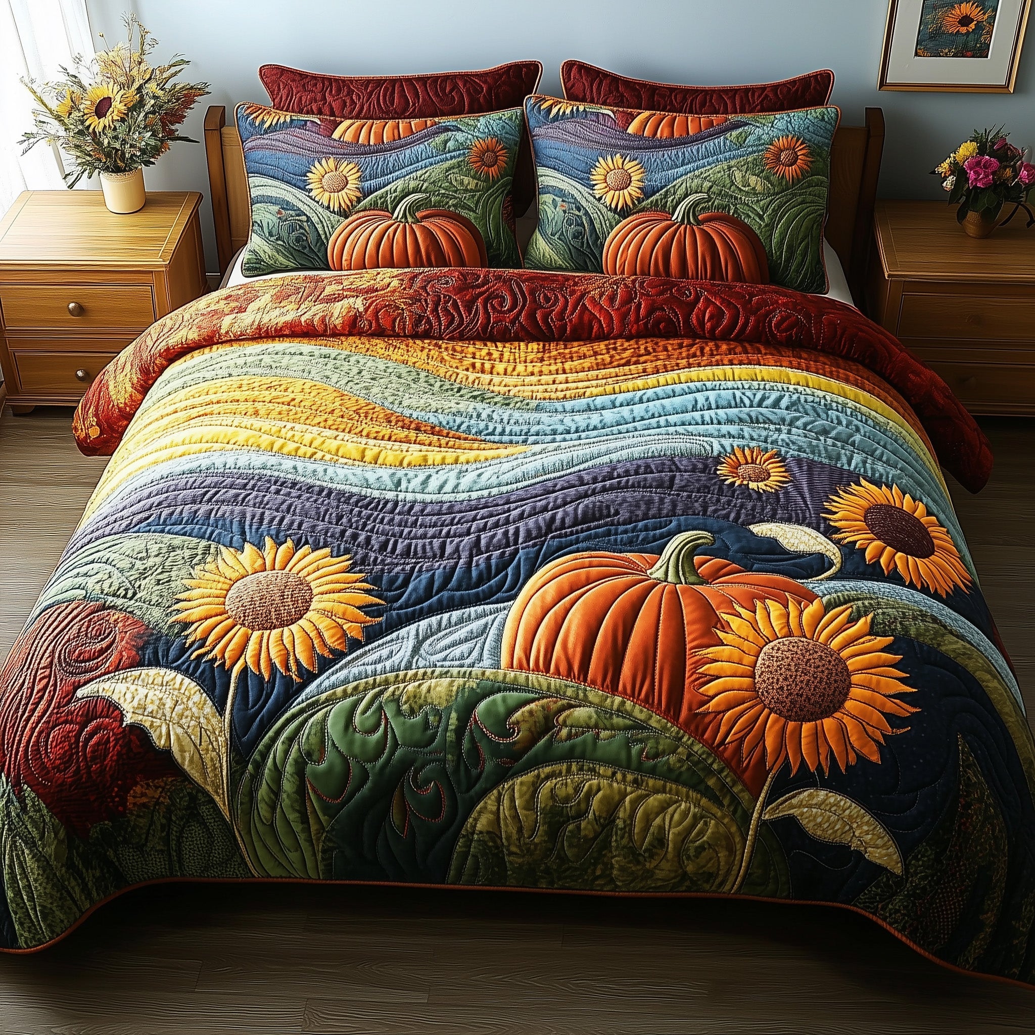 Rustic Patchwork Quilted Bedding Set Sunflowers Pumpkins Vibes Decor Unique Bedding Gifts(1)