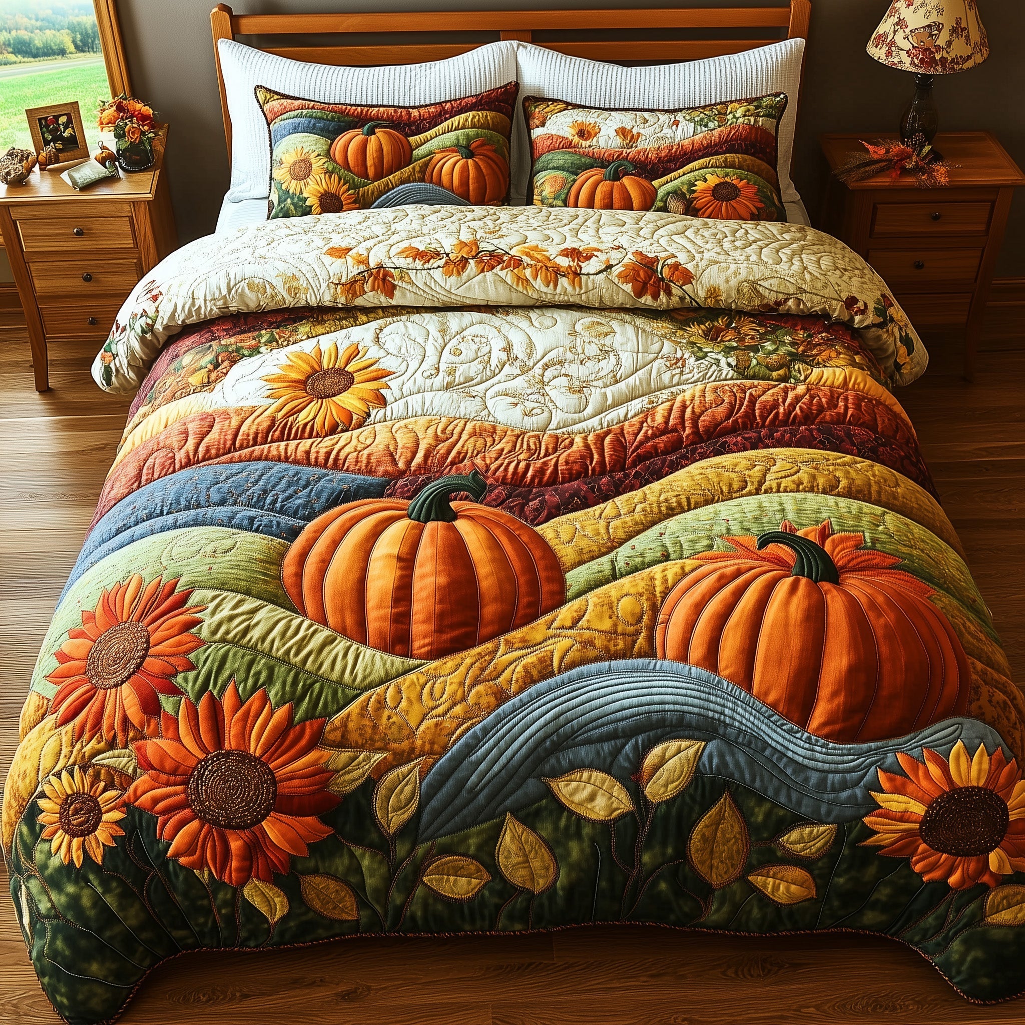 Rustic Patchwork Quilted Bedding Set Sunflowers Pumpkins Vibes Decor Unique Bedding Gifts