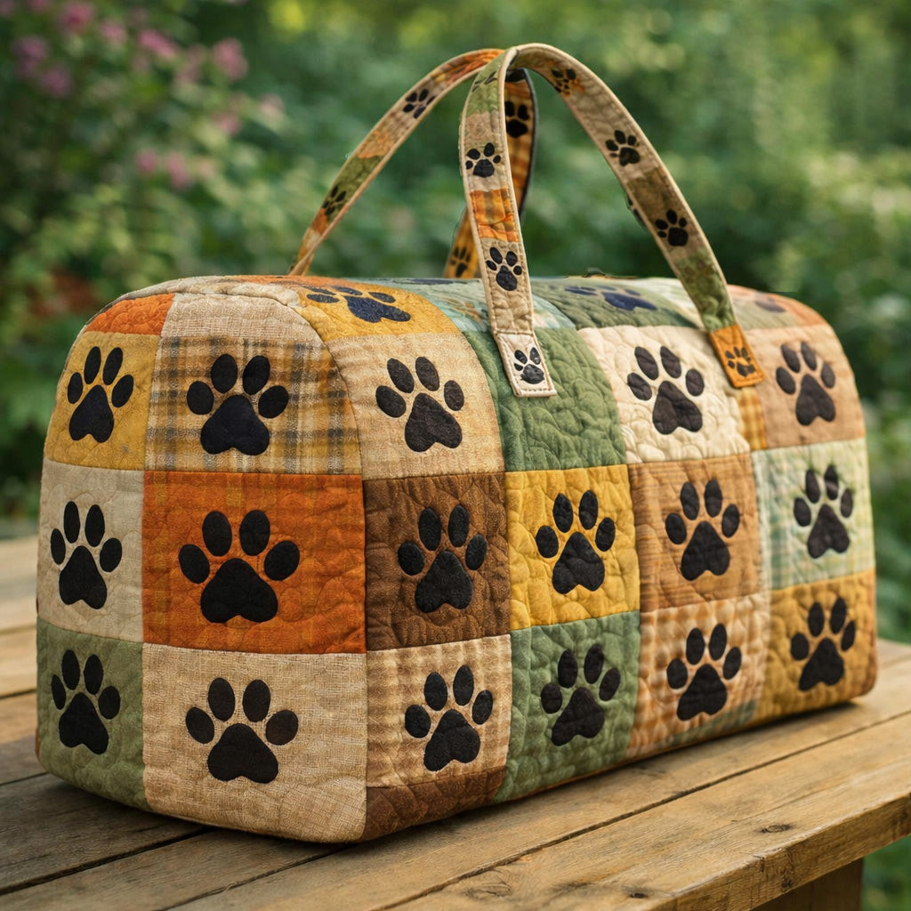 Rustic Paw Traveler Quilted Duffle Bag Earth Tone Patchwork Paw Print Travel Bag Gift For Dog Lovers